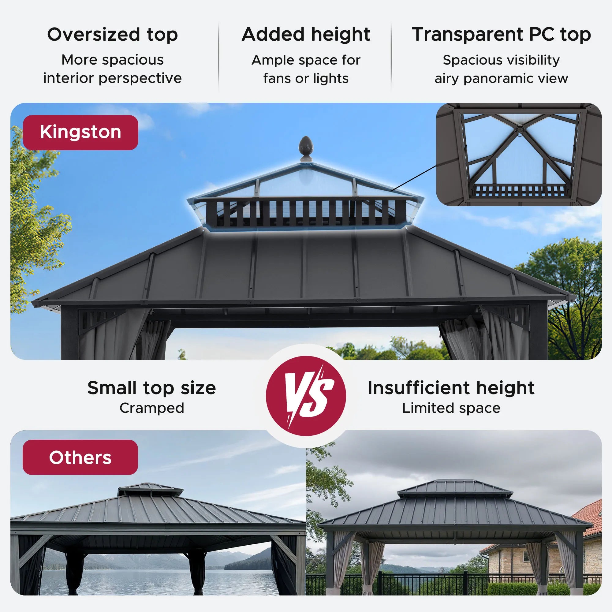 SUNJOY Kingston 10x10 Gazebo with Netting & Curtain | Steel Roof with Extra-Tall & Oversized PC Vent Top - Gray Aluminum Posts