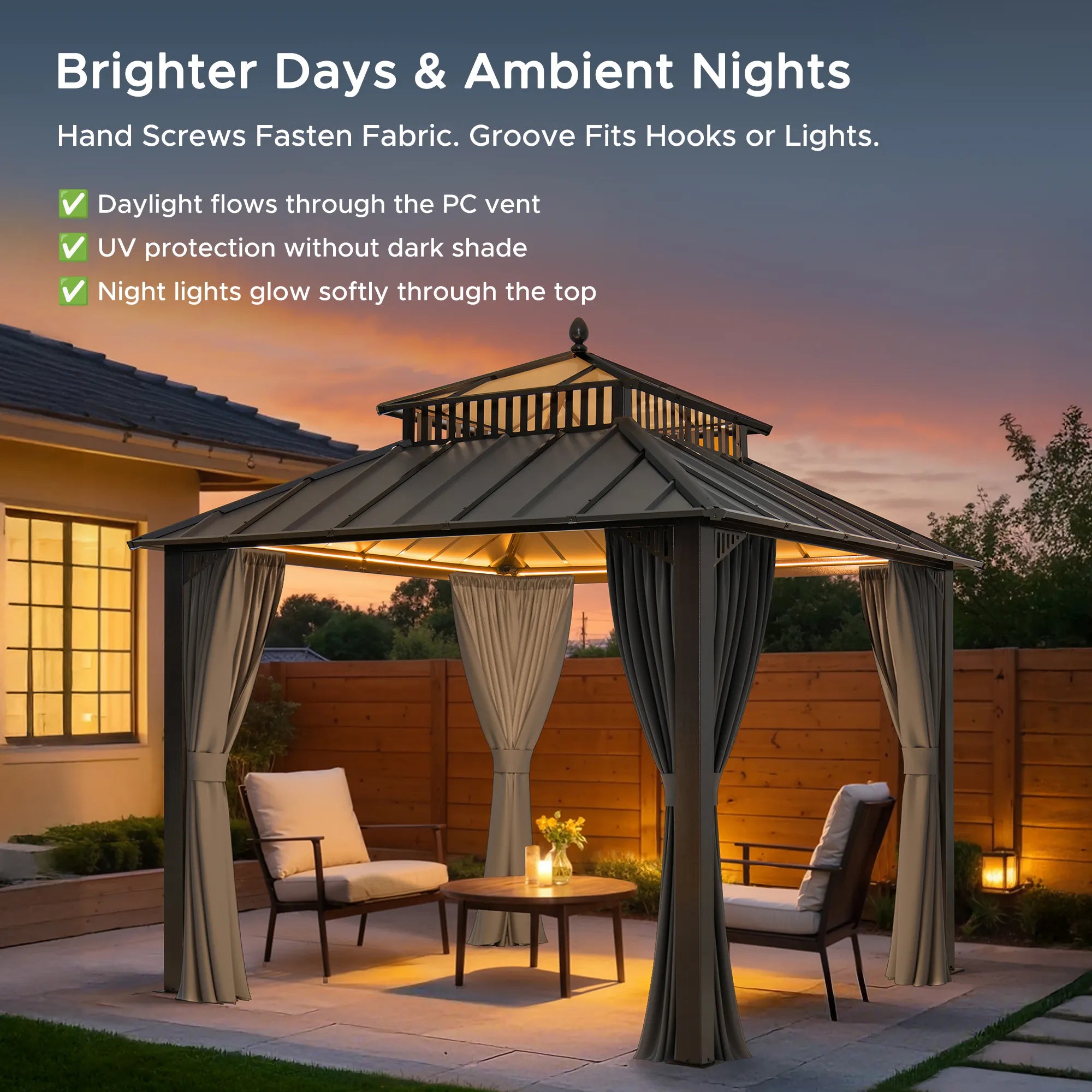 SUNJOY Kingston 10x10 Gazebo with Netting & Curtain | Steel Roof with Extra-Tall & Oversized PC Vent Top - Gray Aluminum Posts