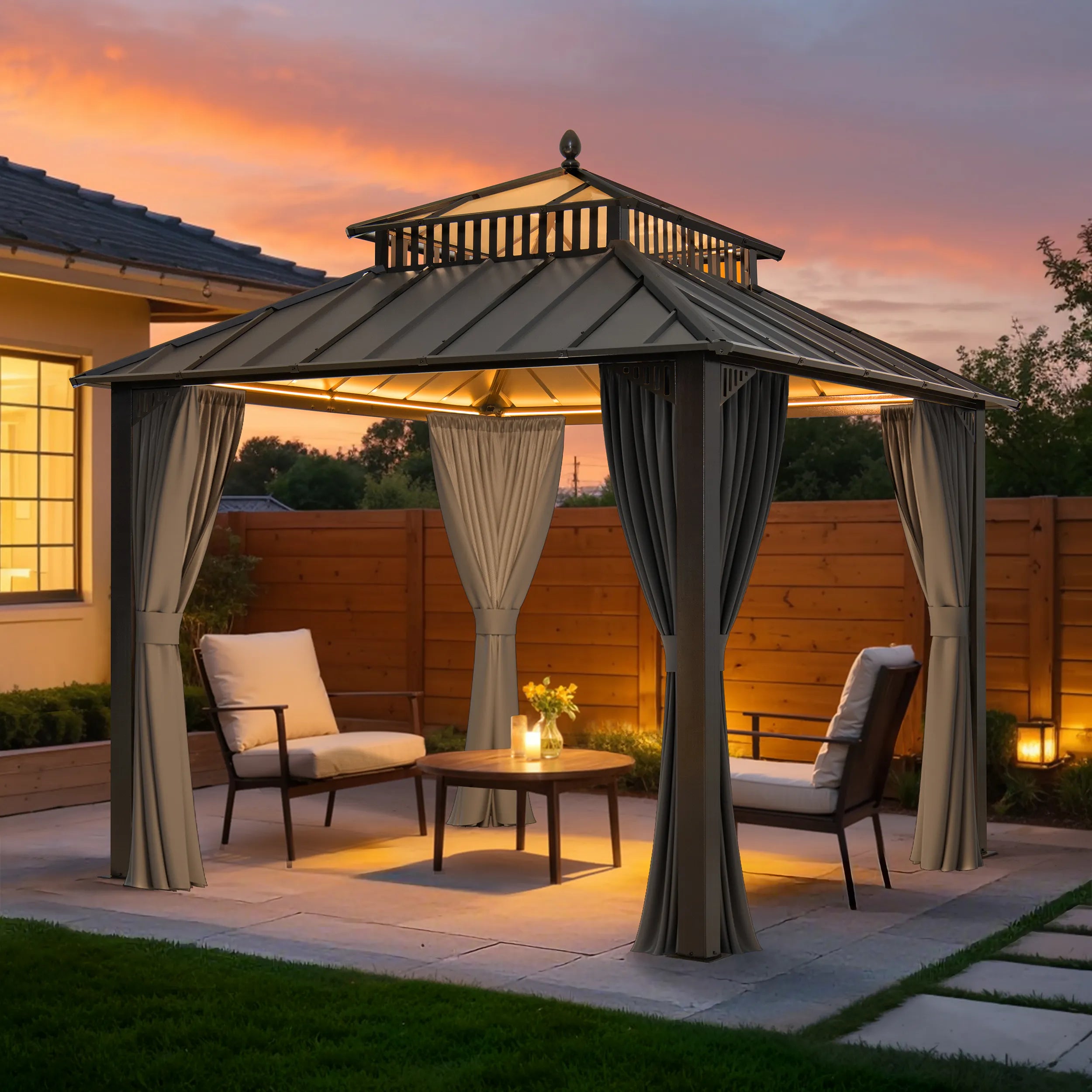SUNJOY Kingston 10x10 Gazebo with Netting & Curtain | Steel Roof with Extra-Tall & Oversized PC Vent Top - Gray Aluminum Posts