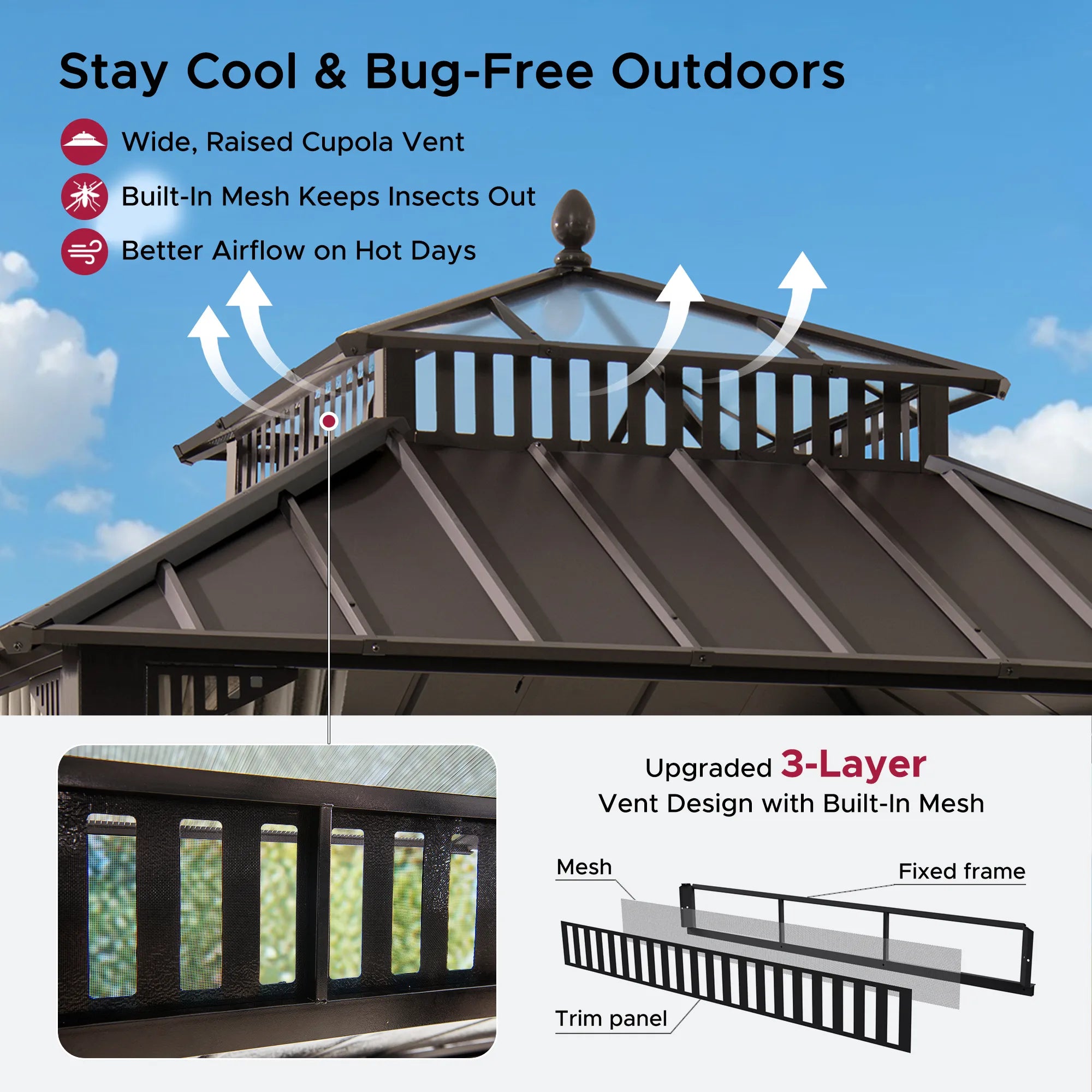 SUNJOY Kingston 10x10 Gazebo with Netting & Curtain | Steel Roof with Extra-Tall & Oversized PC Vent Top - Brown Aluminum Posts