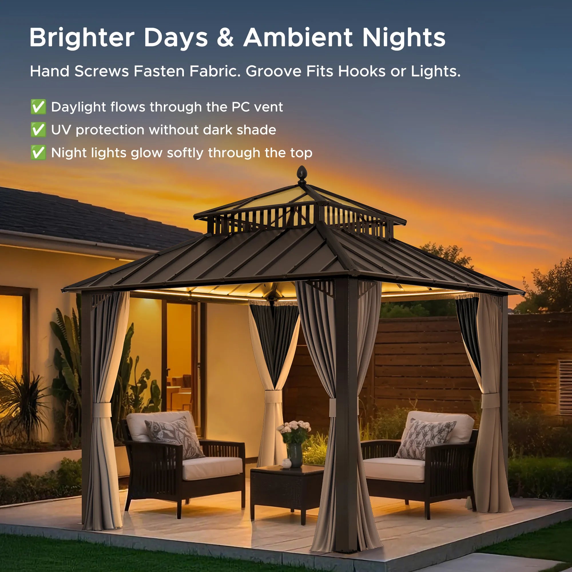 SUNJOY Kingston 10x10 Gazebo with Netting & Curtain | Steel Roof with Extra-Tall & Oversized PC Vent Top - Brown Aluminum Posts
