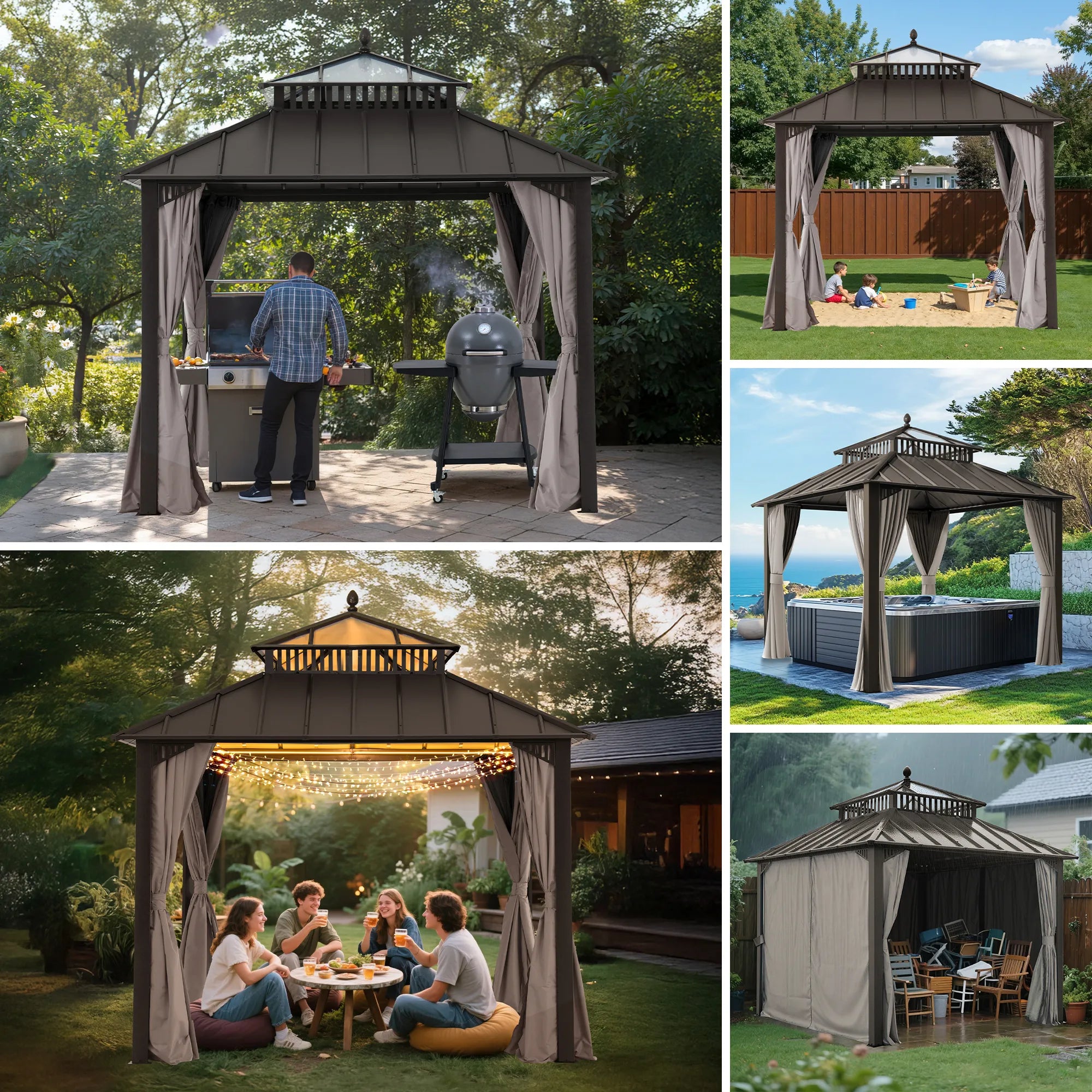 SUNJOY Kingston 10x10 Gazebo with Netting & Curtain | Steel Roof with Extra-Tall & Oversized PC Vent Top - Brown Aluminum Posts