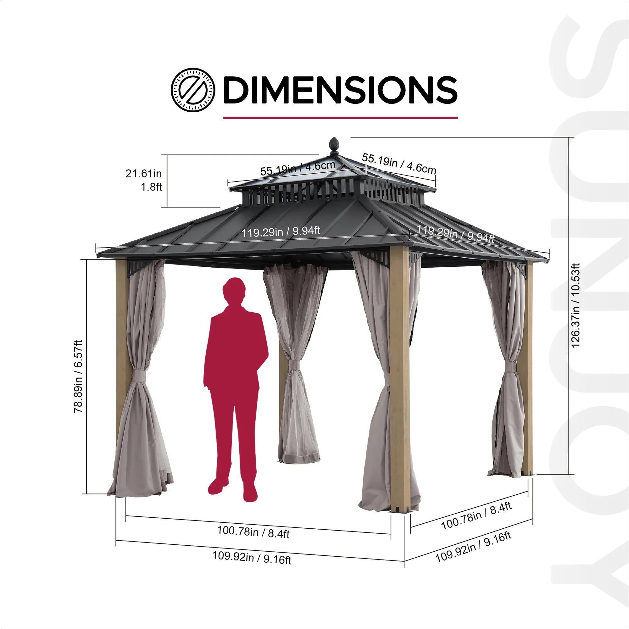 SUNJOY Kingston 10x10 Gazebo with Netting & Curtain | Steel Roof with Extra-Tall & Oversized PC Vent Top - Cedar Wood Posts