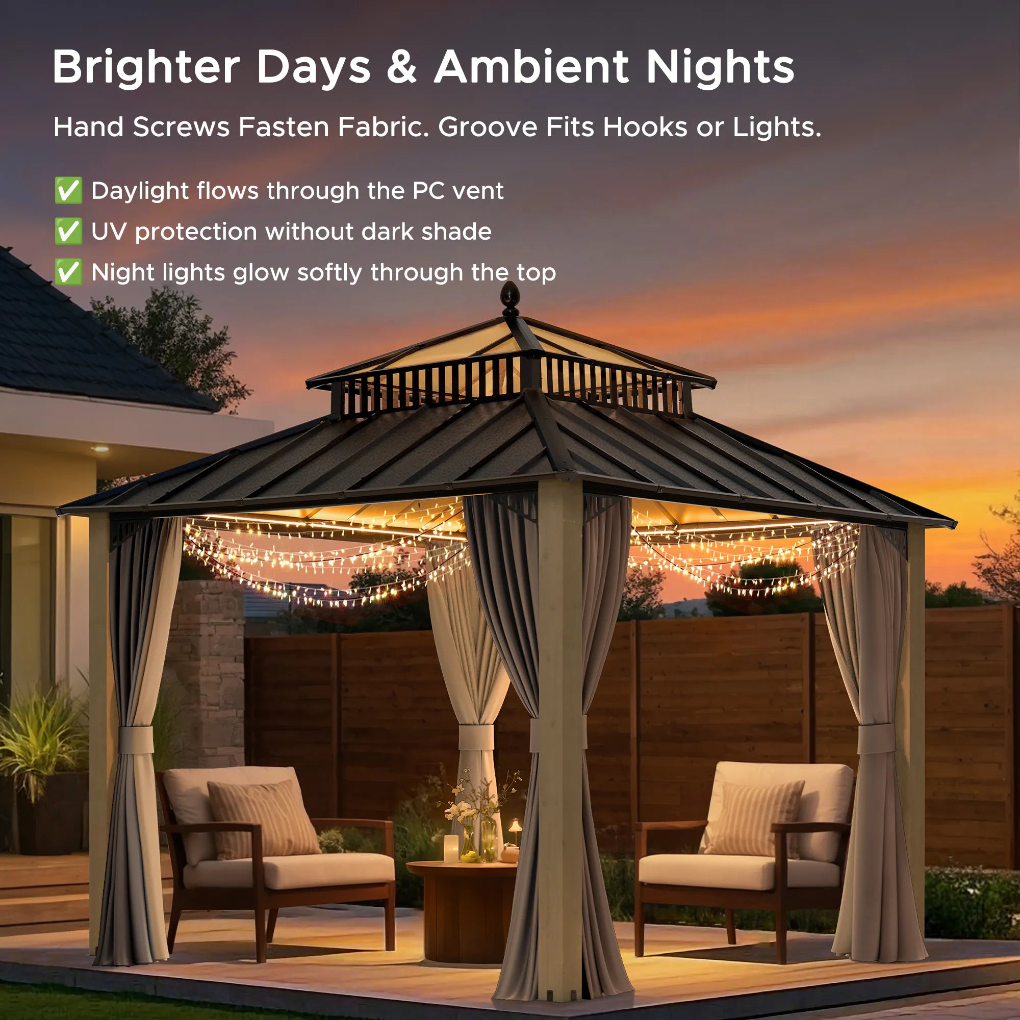 SUNJOY Kingston 10x10 Gazebo with Netting & Curtain | Steel Roof with Extra-Tall & Oversized PC Vent Top - Cedar Wood Posts