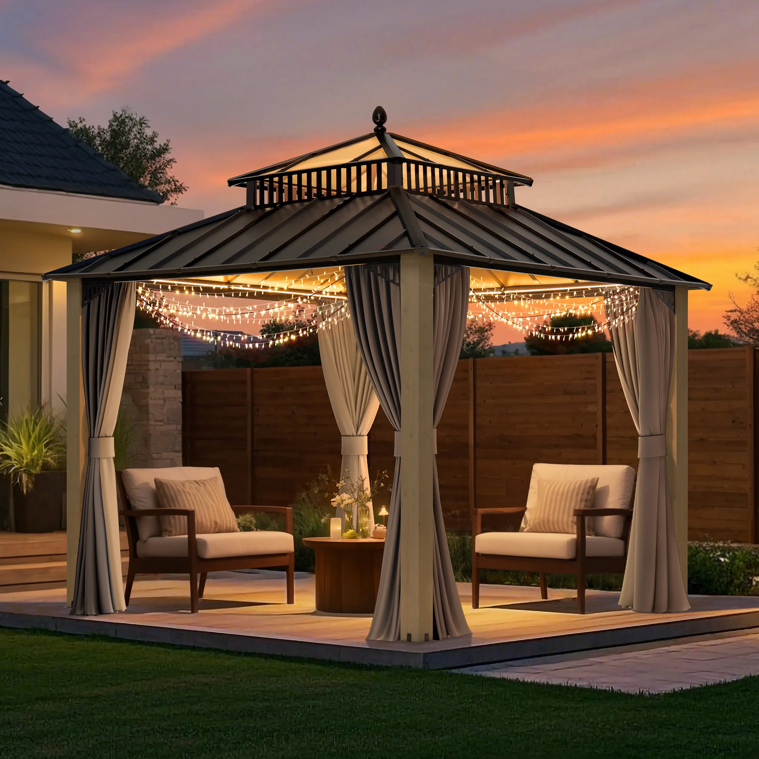 SUNJOY Kingston 10x10 Gazebo with Netting & Curtain | Steel Roof with Extra-Tall & Oversized PC Vent Top - Cedar Wood Posts