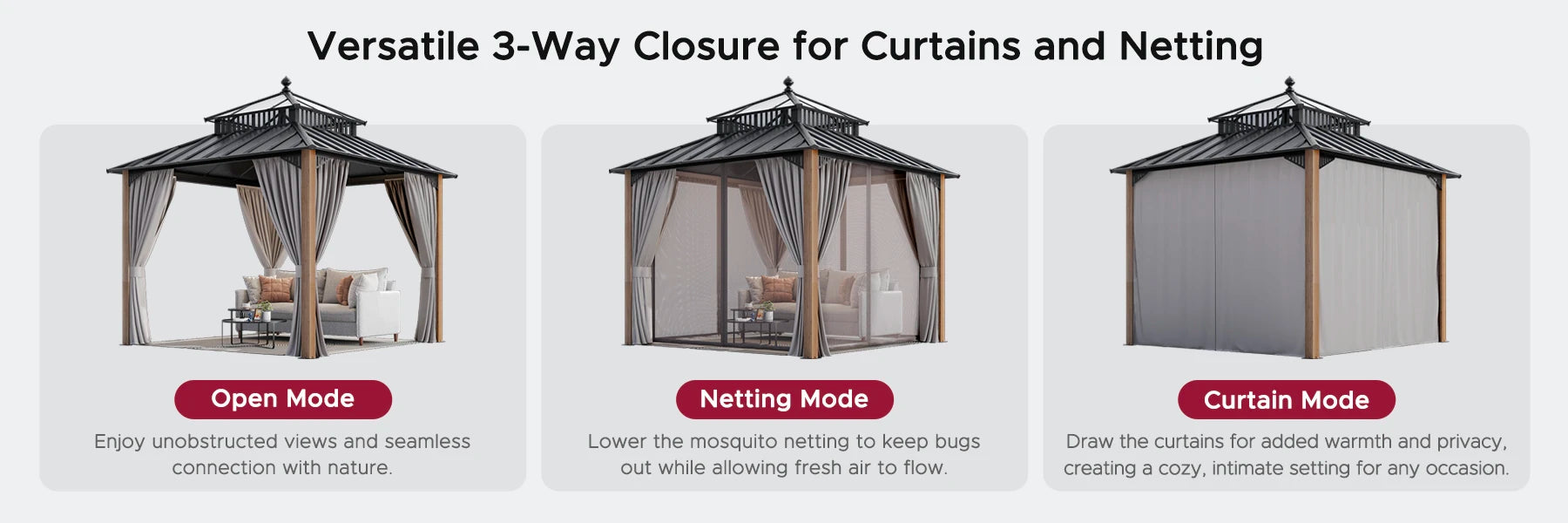 SUNJOY Kingston 10x10 Gazebo with Netting & Curtain | Steel Roof with Extra-Tall & Oversized PC Vent Top - Cedar Wood Posts