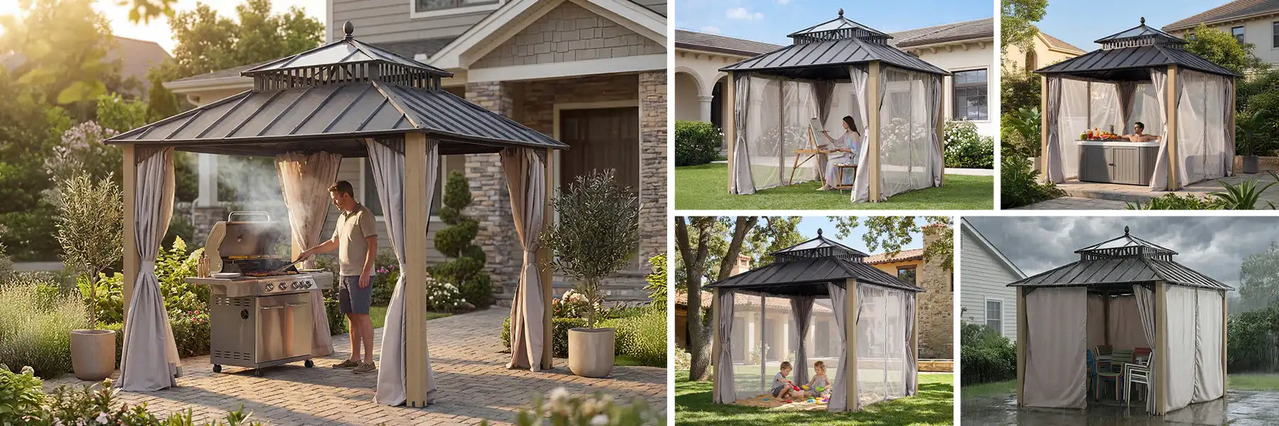 SUNJOY Kingston 10x10 Gazebo with Netting & Curtain | Steel Roof with Extra-Tall & Oversized PC Vent Top - Cedar Wood Posts