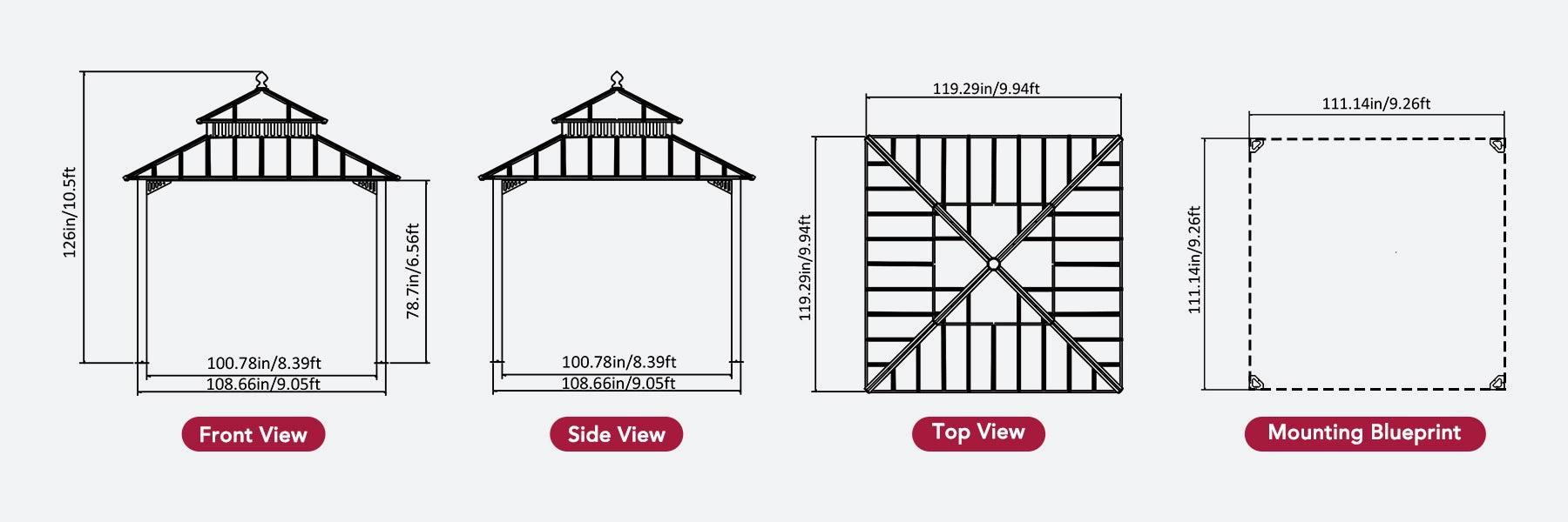 SUNJOY Kingston 12x12 Gazebo with Netting & Curtain | Steel Roof with Extra-Tall & Oversized PC Vent Top - Woodgrain Aluminum Posts