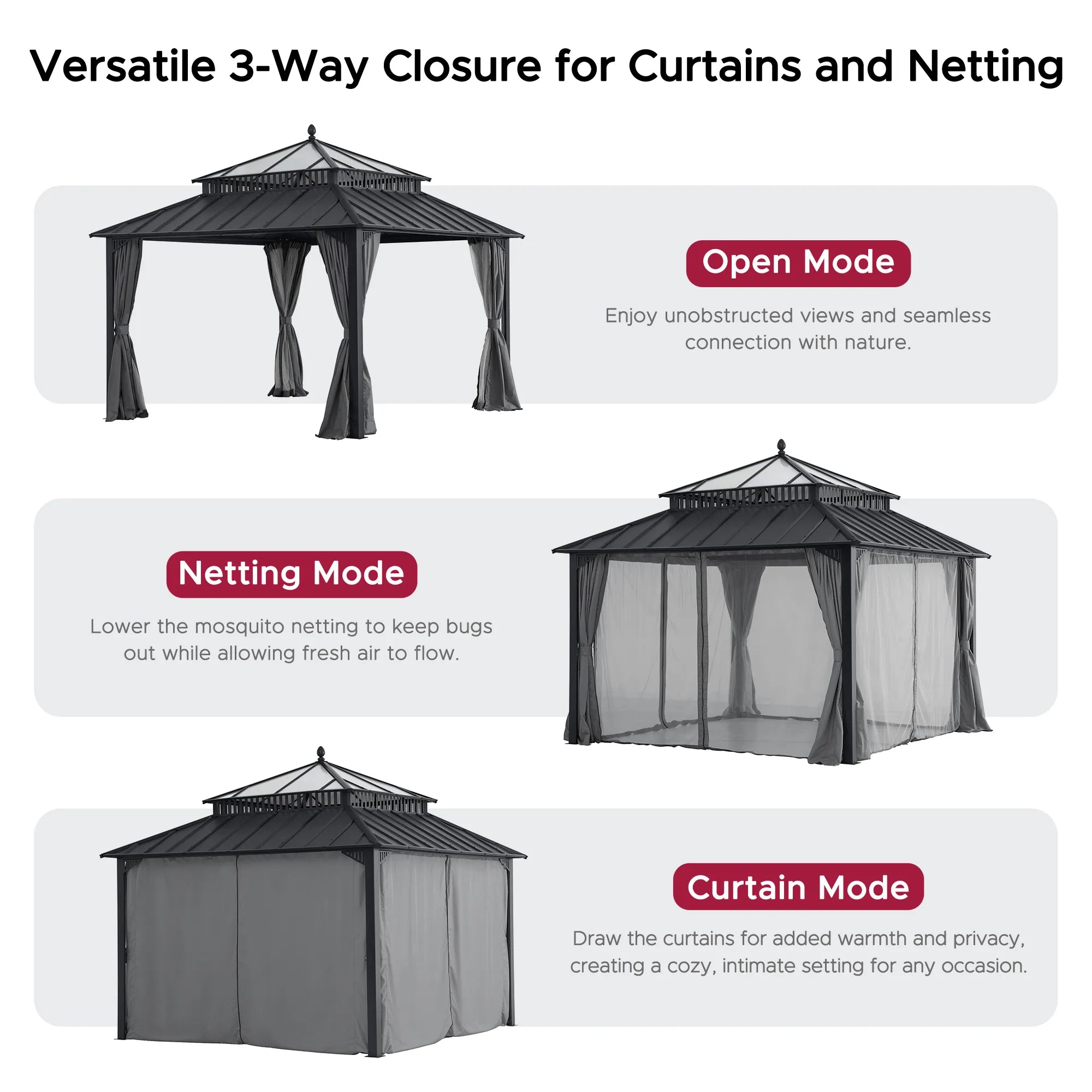 SUNJOY Kingston 12x12 Gazebo with Netting & Curtain | Steel Roof with Extra-Tall & Oversized PC Vent Top - Gray Aluminum Posts