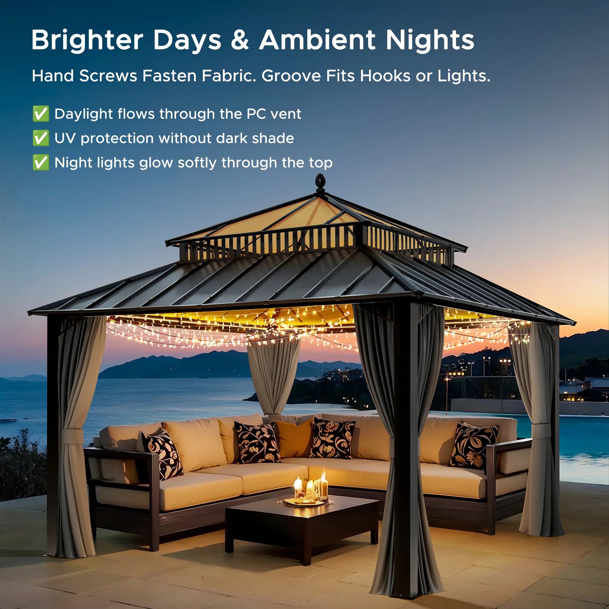 SUNJOY Kingston 12x12 Gazebo with Netting & Curtain | Steel Roof with Extra-Tall & Oversized PC Vent Top - Gray Aluminum Posts