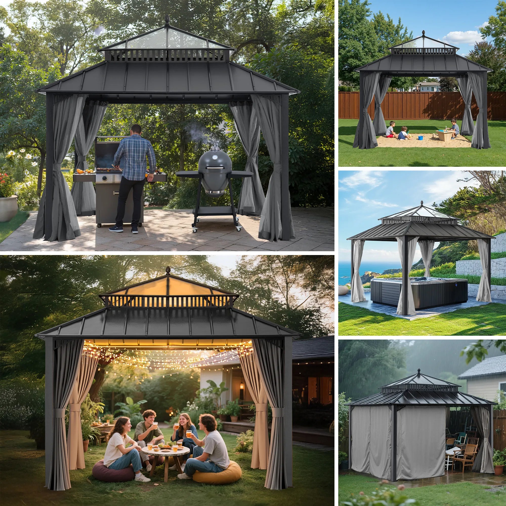SUNJOY Kingston 12x12 Gazebo with Netting & Curtain | Steel Roof with Extra-Tall & Oversized PC Vent Top - Gray Aluminum Posts