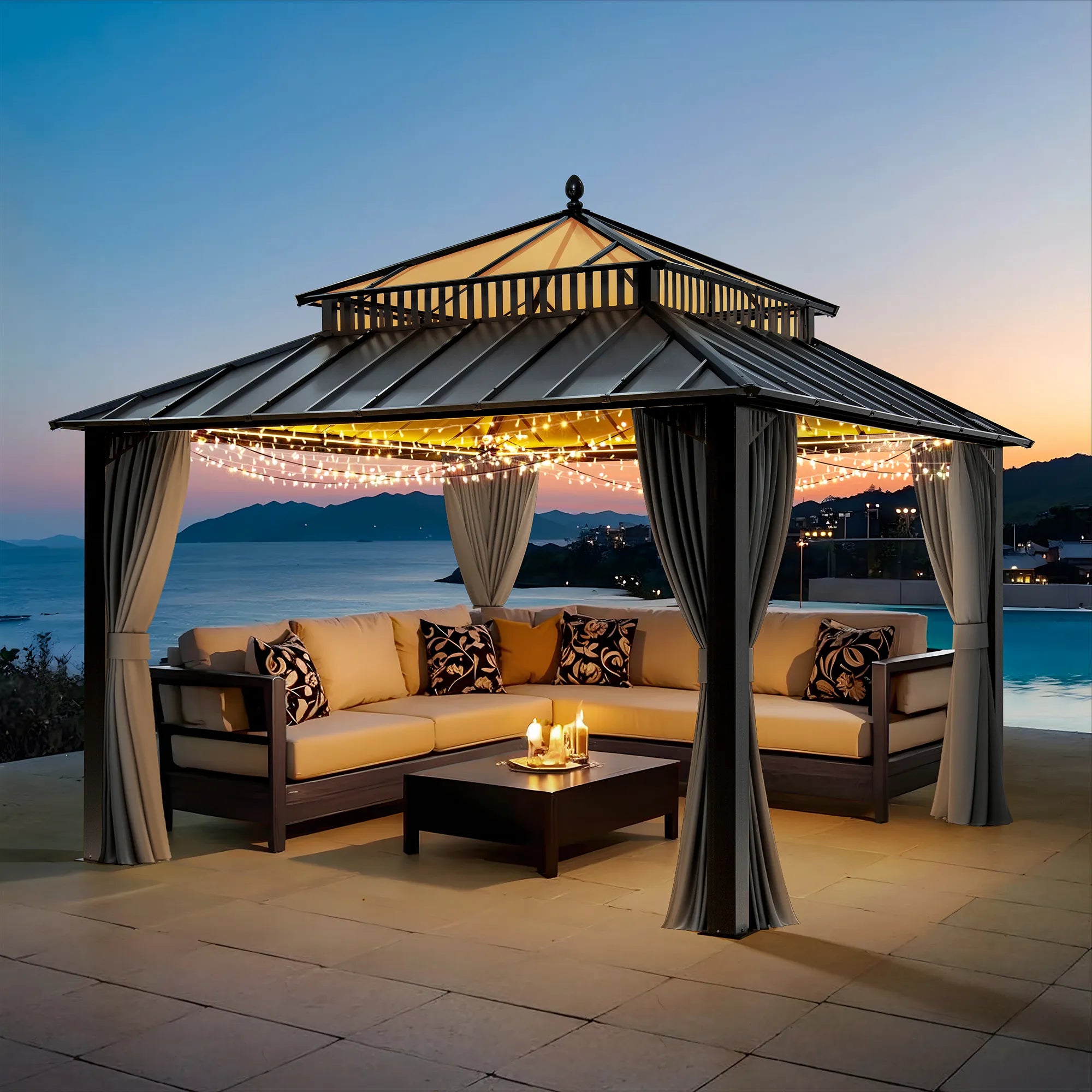 SUNJOY Kingston 12x12 Gazebo with Netting & Curtain | Steel Roof with Extra-Tall & Oversized PC Vent Top - Gray Aluminum Posts