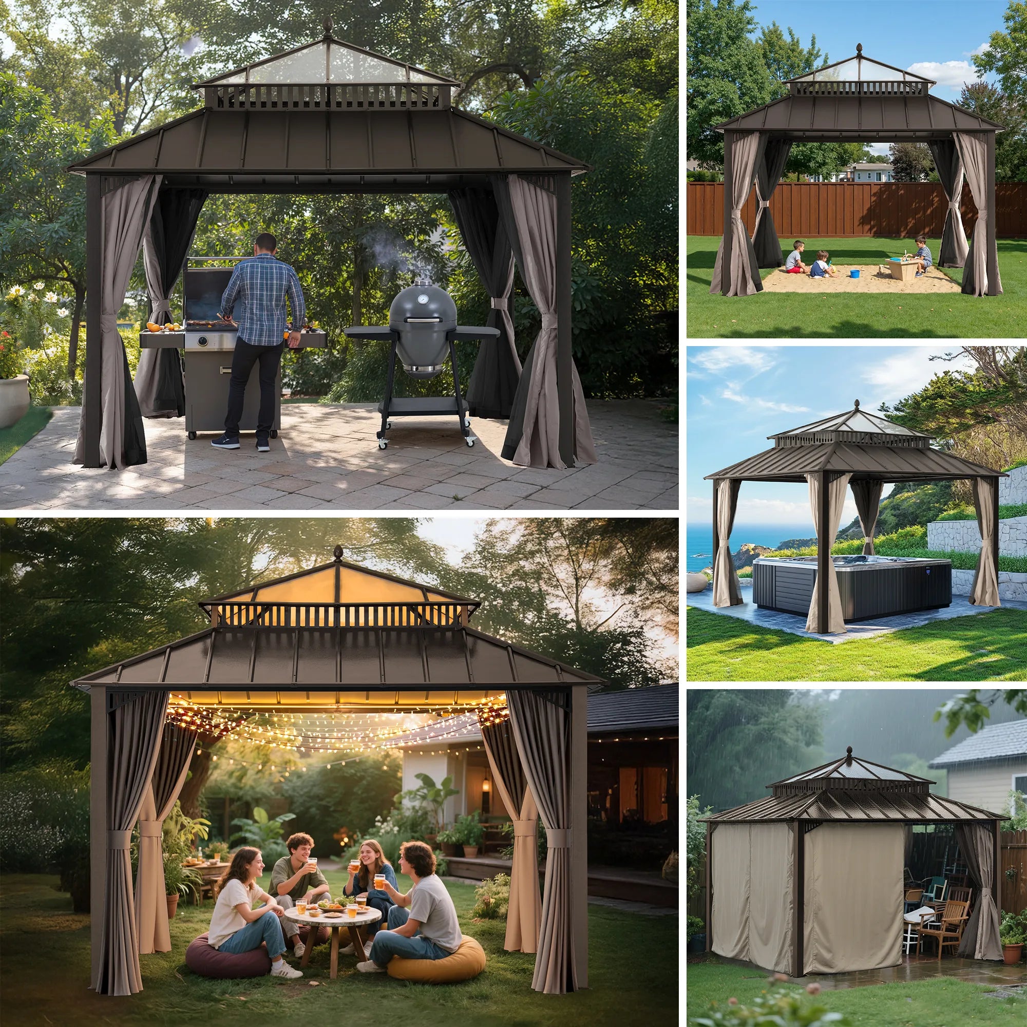 SUNJOY Kingston 12x12 Gazebo with Netting & Curtain | Steel Roof with Extra-Tall & Oversized PC Vent Top - Brown Aluminum Posts