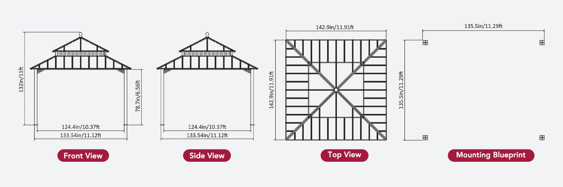 SUNJOY Kingston 12x12 Gazebo with Netting & Curtain | Steel Roof with Extra-Tall & Oversized PC Vent Top - Cedar Wood Posts