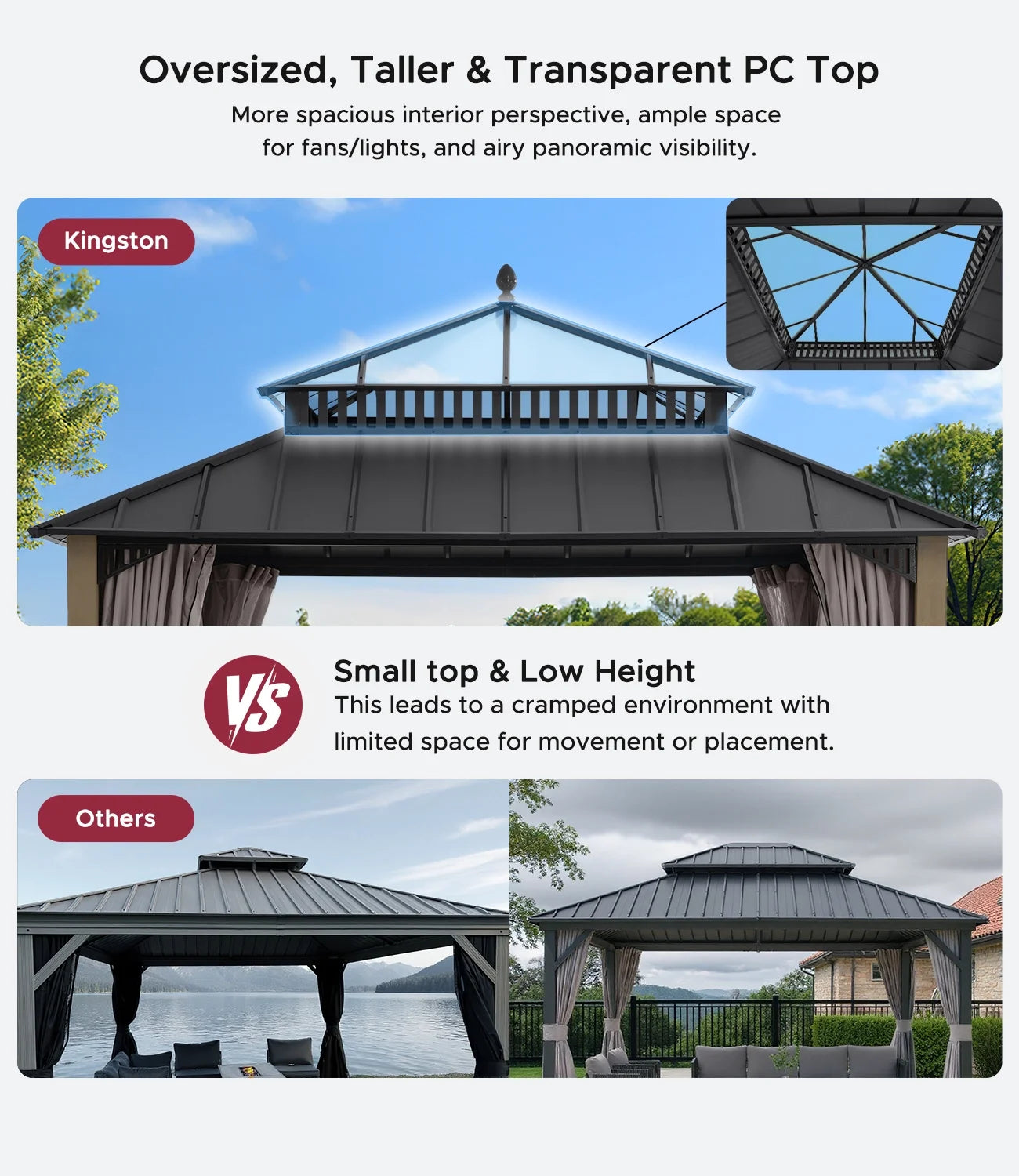 SUNJOY Kingston 12x12 Gazebo with Netting & Curtain | Steel Roof with Extra-Tall & Oversized PC Vent Top - Cedar Wood Posts