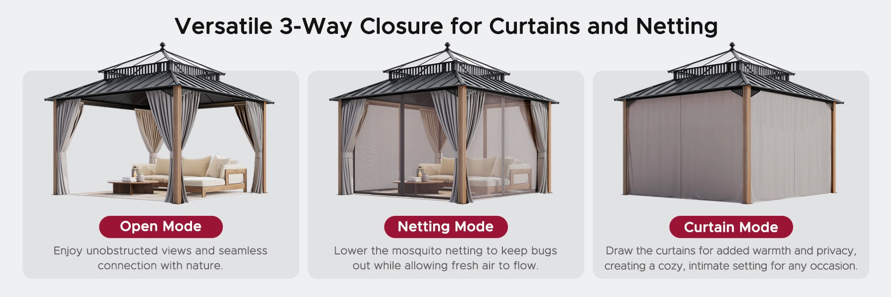 SUNJOY Kingston 12x12 Gazebo with Netting & Curtain | Steel Roof with Extra-Tall & Oversized PC Vent Top - Cedar Wood Posts