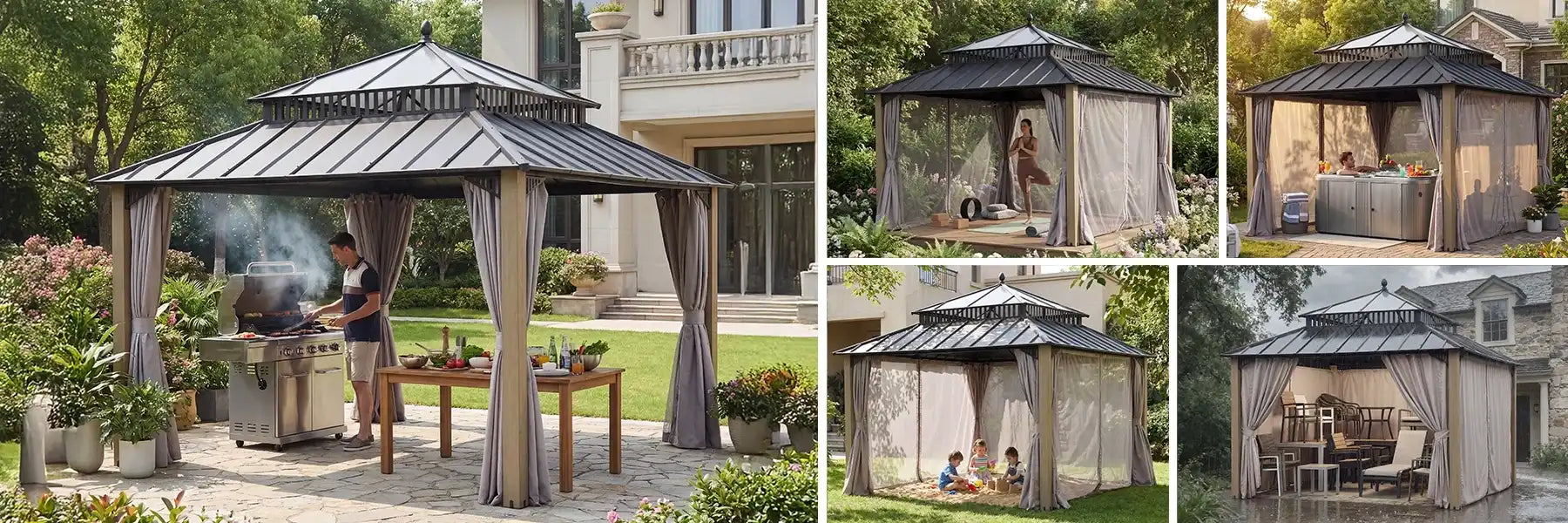 SUNJOY Kingston 12x12 Gazebo with Netting & Curtain | Steel Roof with Extra-Tall & Oversized PC Vent Top - Cedar Wood Posts