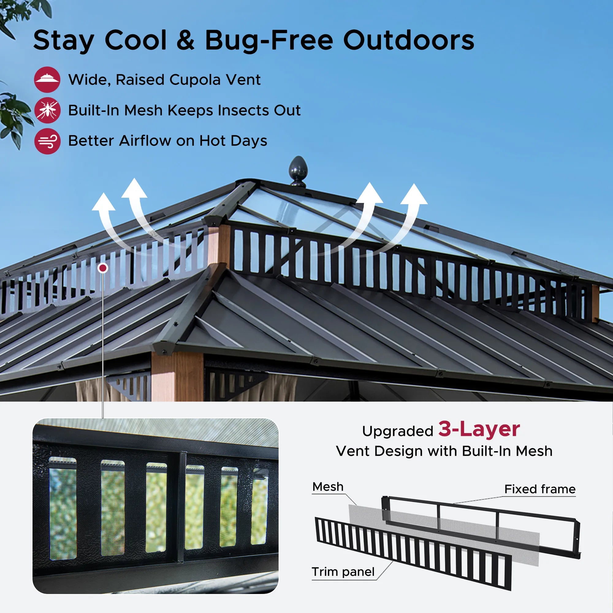 SUNJOY Kingston 12x14 Gazebo with Netting & Curtain | Steel Roof with Extra-Tall & Oversized PC Vent Top - Woodgrain Aluminum Posts