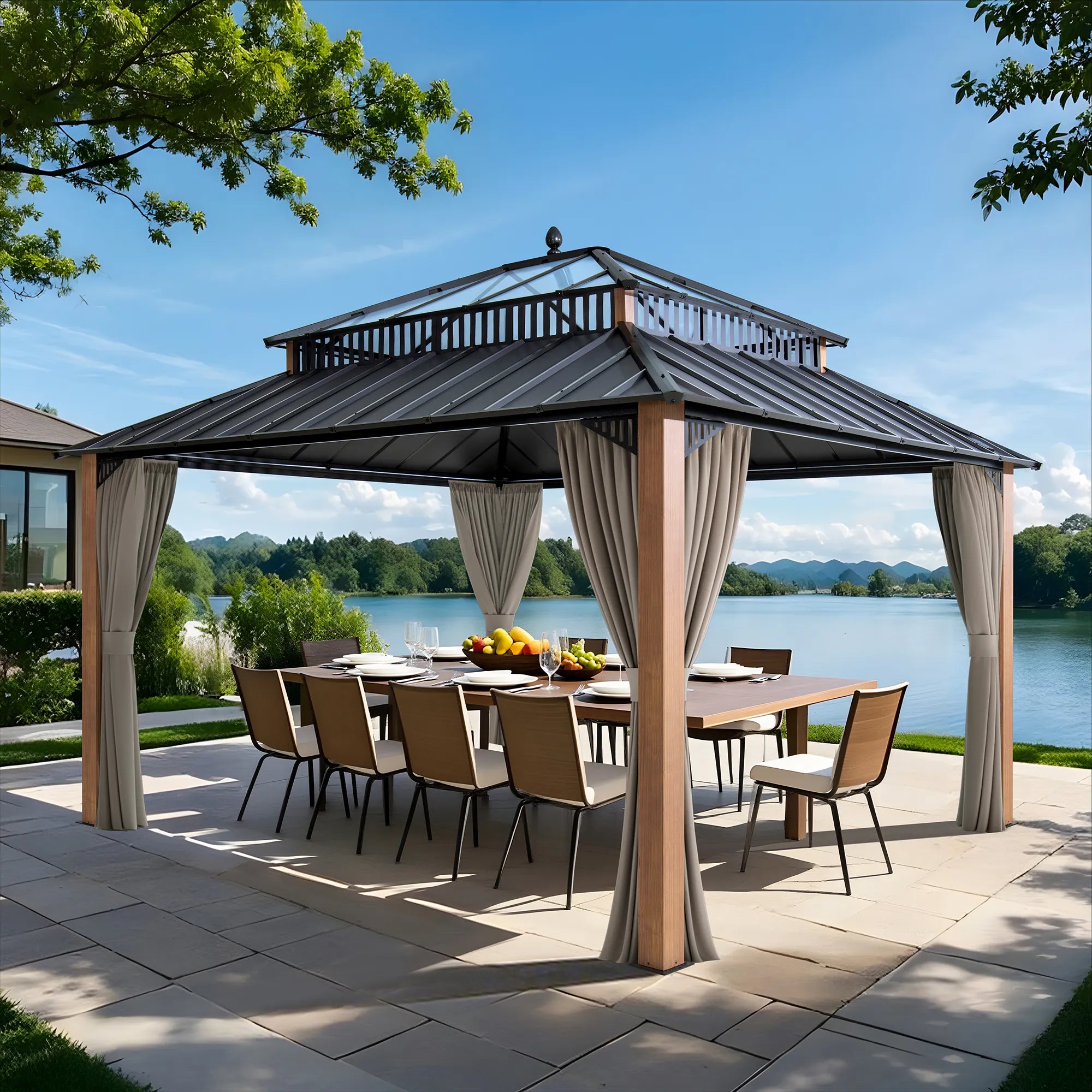 SUNJOY Kingston 12x14 Gazebo with Netting & Curtain | Steel Roof with Extra-Tall & Oversized PC Vent Top - Woodgrain Aluminum Posts