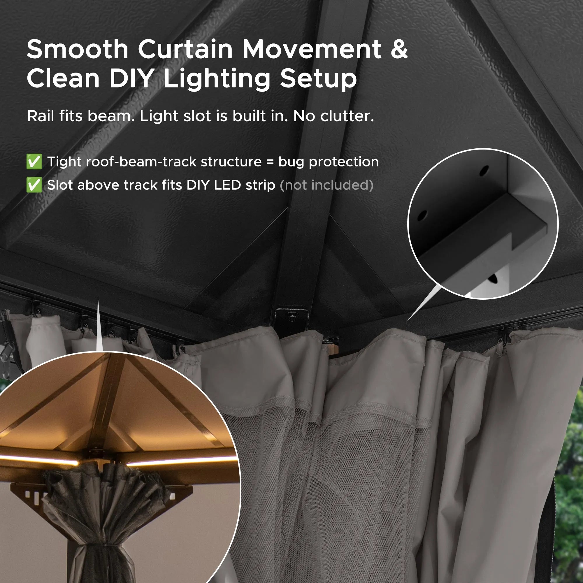 SUNJOY Kingston 12x14 Gazebo with Netting & Curtain | Steel Roof with Extra-Tall & Oversized PC Vent Top - Woodgrain Aluminum Posts