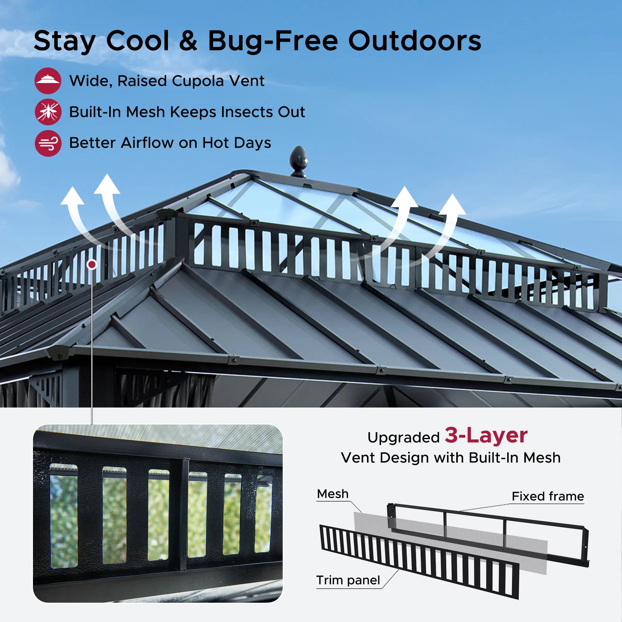 SUNJOY Kingston 12x14 Gazebo with Netting & Curtain | Steel Roof with Extra-Tall & Oversized PC Vent Top - Gray Aluminum Posts
