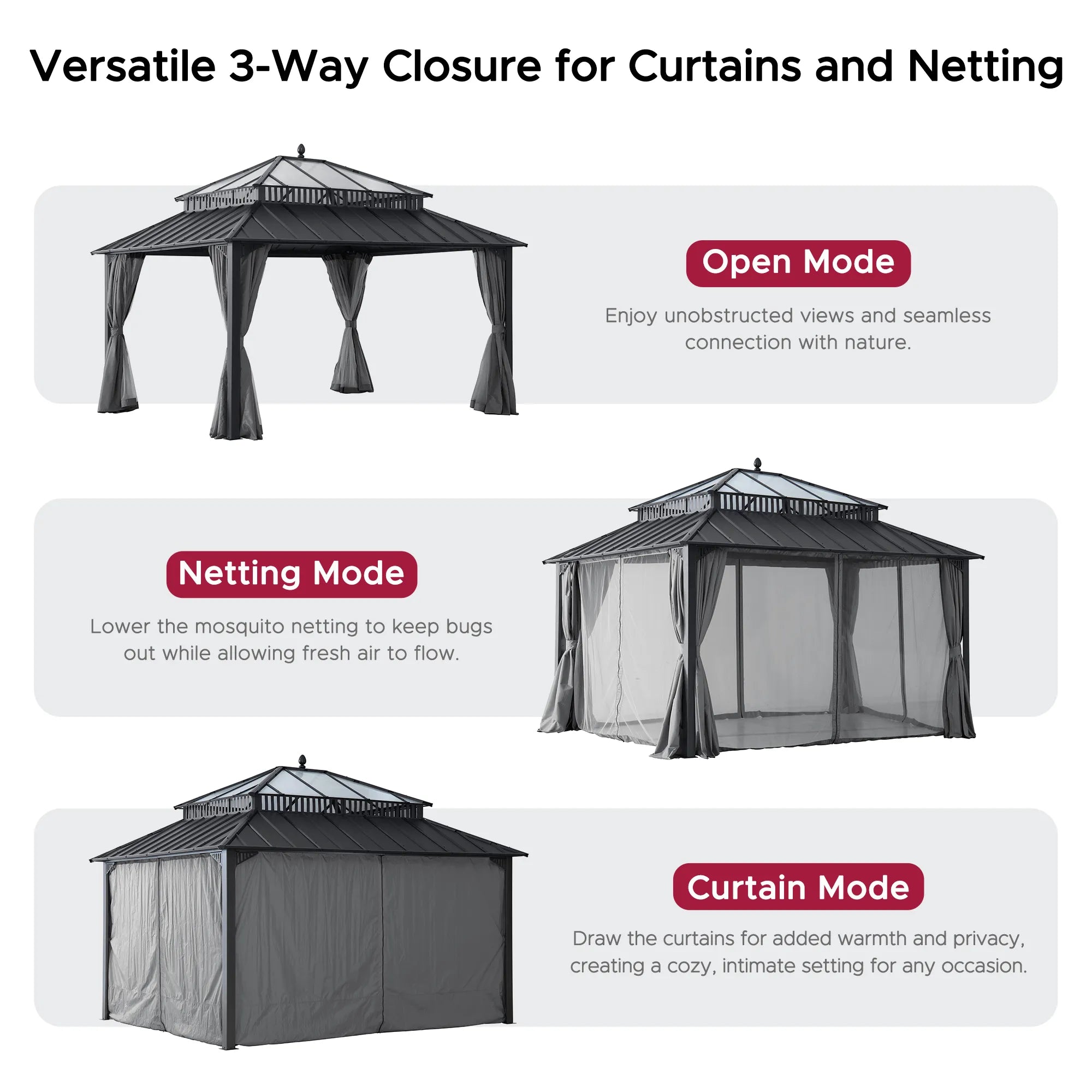 SUNJOY Kingston 12x14 Gazebo with Netting & Curtain | Steel Roof with Extra-Tall & Oversized PC Vent Top - Gray Aluminum Posts