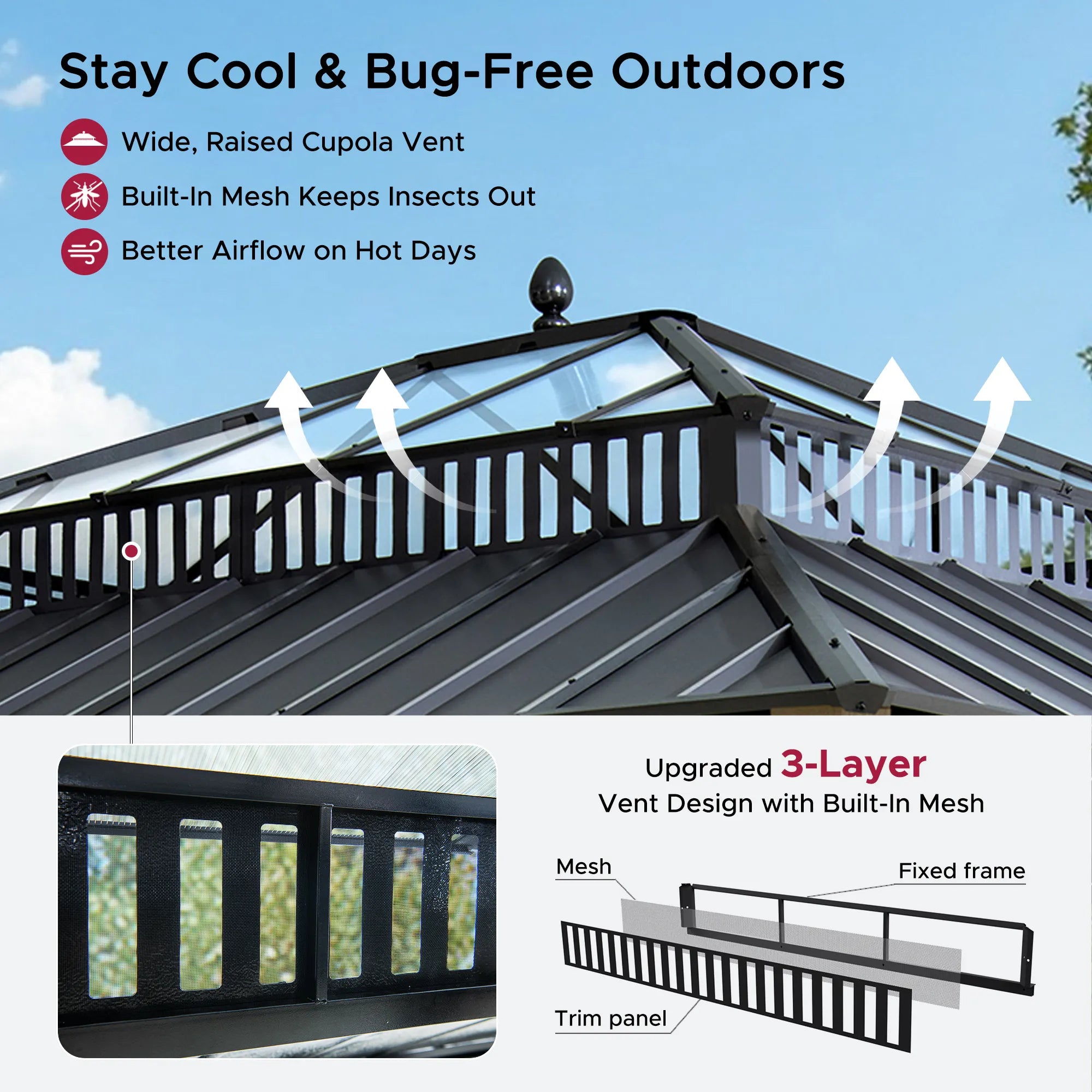 SUNJOY Kingston 12x14 Gazebo with Netting & Curtain | Steel Roof with Extra-Tall & Oversized PC Vent Top - Cedar Wood Posts