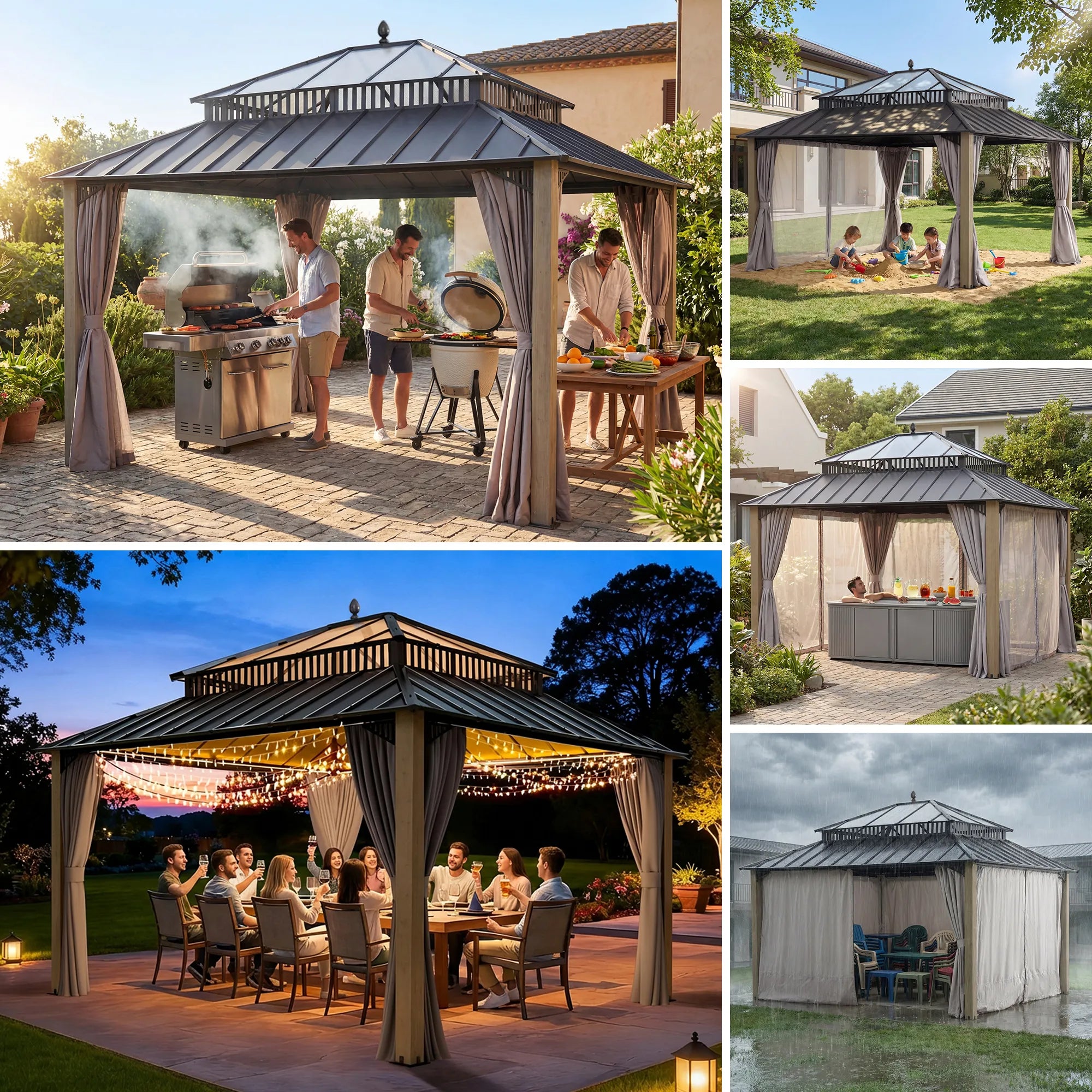 SUNJOY Kingston 12x14 Gazebo with Netting & Curtain | Steel Roof with Extra-Tall & Oversized PC Vent Top - Cedar Wood Posts