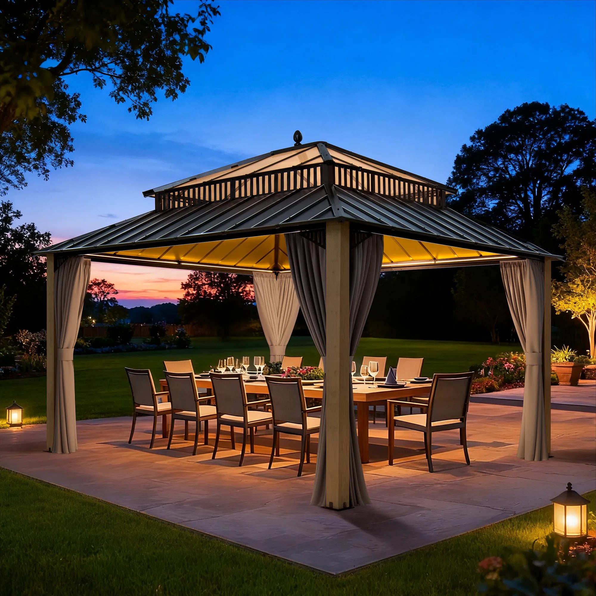 SUNJOY Kingston 12x14 Gazebo with Netting & Curtain | Steel Roof with Extra-Tall & Oversized PC Vent Top - Cedar Wood Posts