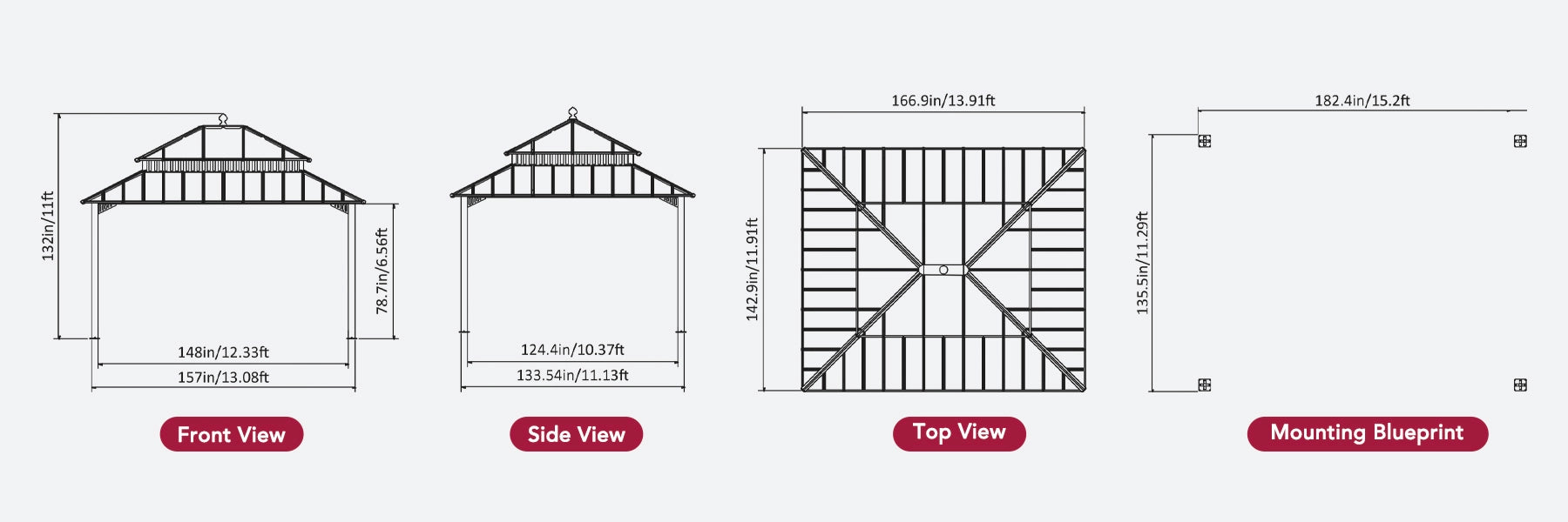 SUNJOY Kingston 12x14 Gazebo with Netting & Curtain | Steel Roof with Extra-Tall & Oversized PC Vent Top - Cedar Wood Posts