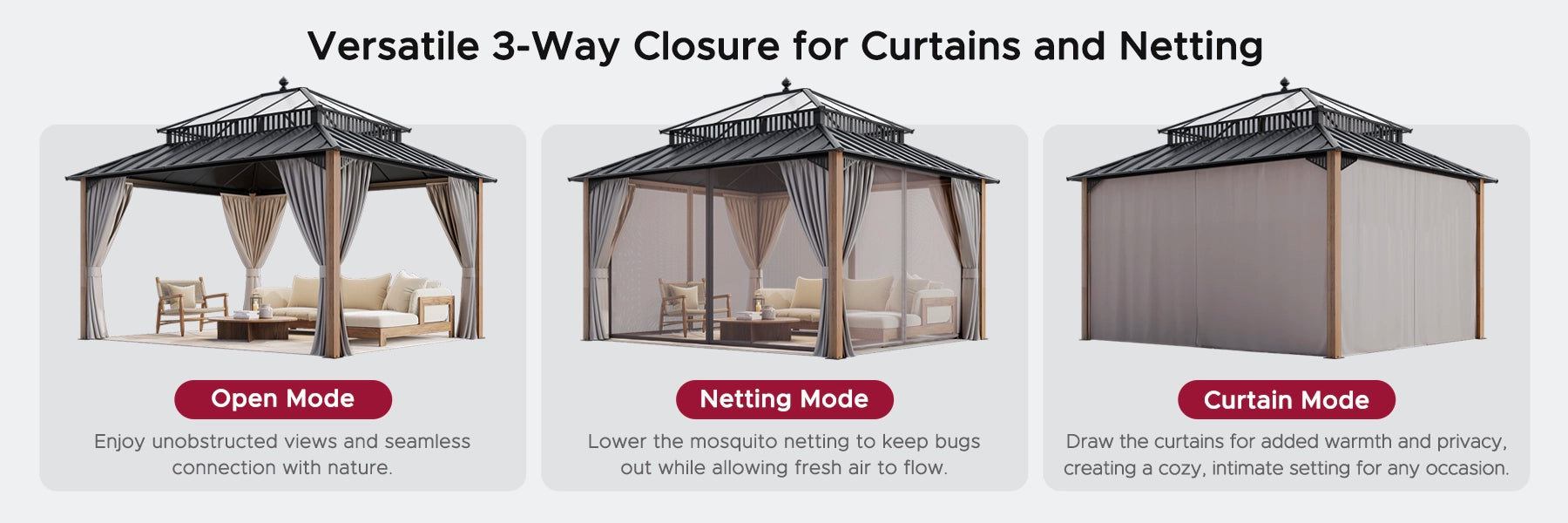 SUNJOY Kingston 12x14 Gazebo with Netting & Curtain | Steel Roof with Extra-Tall & Oversized PC Vent Top - Cedar Wood Posts
