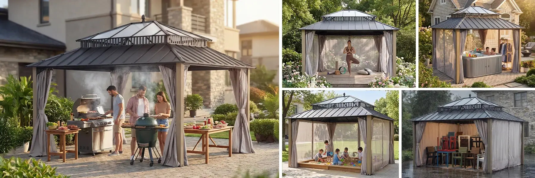 SUNJOY Kingston 12x14 Gazebo with Netting & Curtain | Steel Roof with Extra-Tall & Oversized PC Vent Top - Cedar Wood Posts