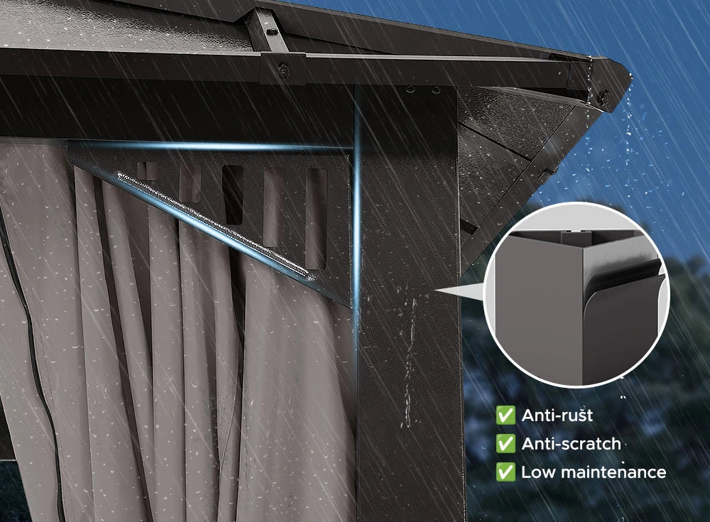 SUNJOY Kingston 12x16 Gazebo with Netting & Curtain | Steel Roof with Extra-Tall & Oversized PC Vent Top - Brown Aluminum Posts