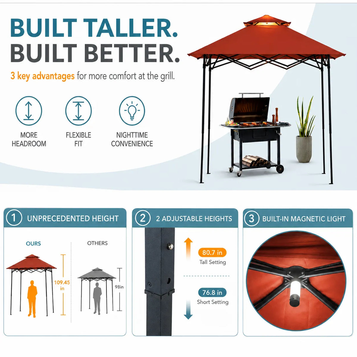 Nomad Extra-Tall Pop-Up Grill Gazebo, Height Adjustable - Red, 8x5