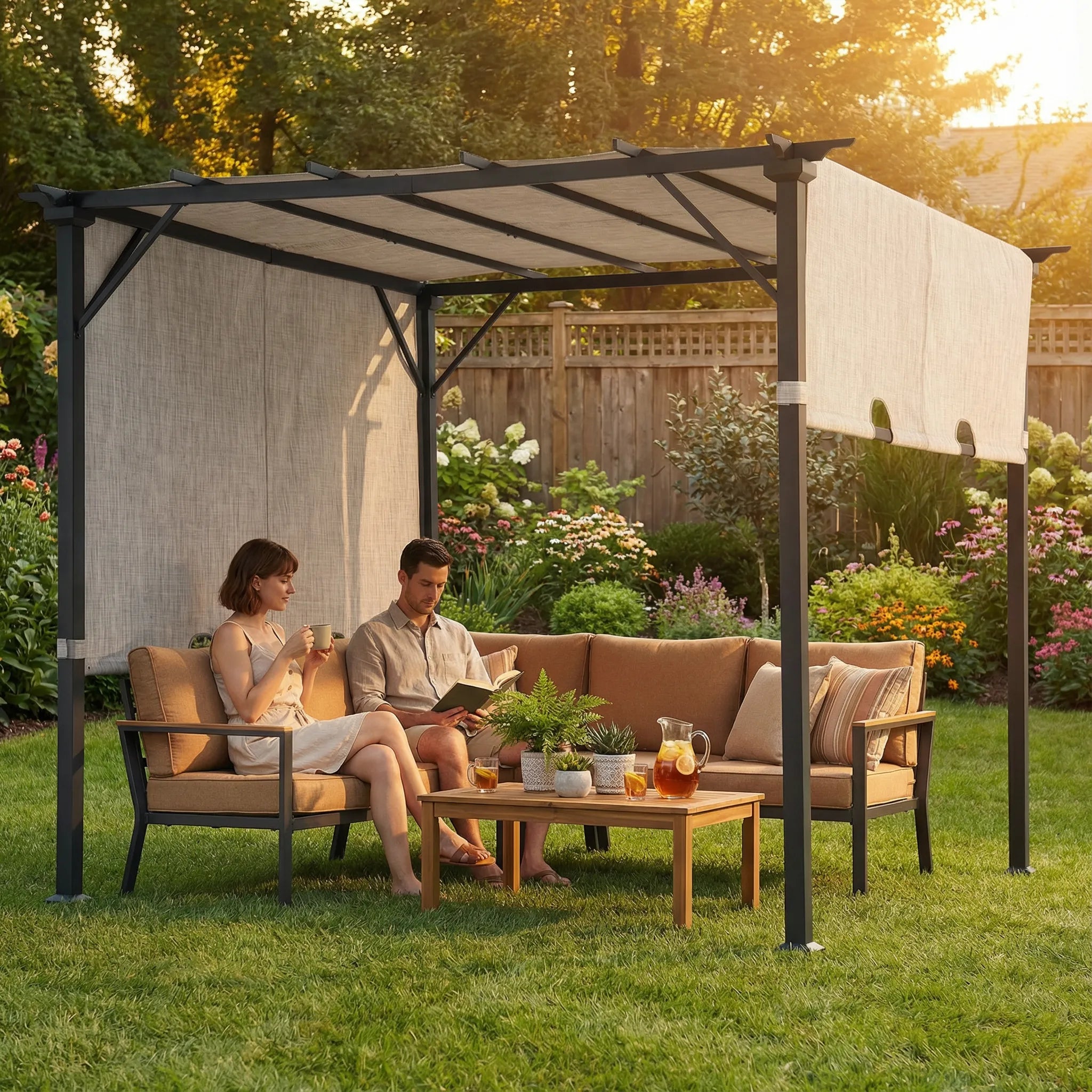 SUNJOY 9x9 Matte Black Steel Frame Pergola with Adjustable Canopy Roof - Light Gray