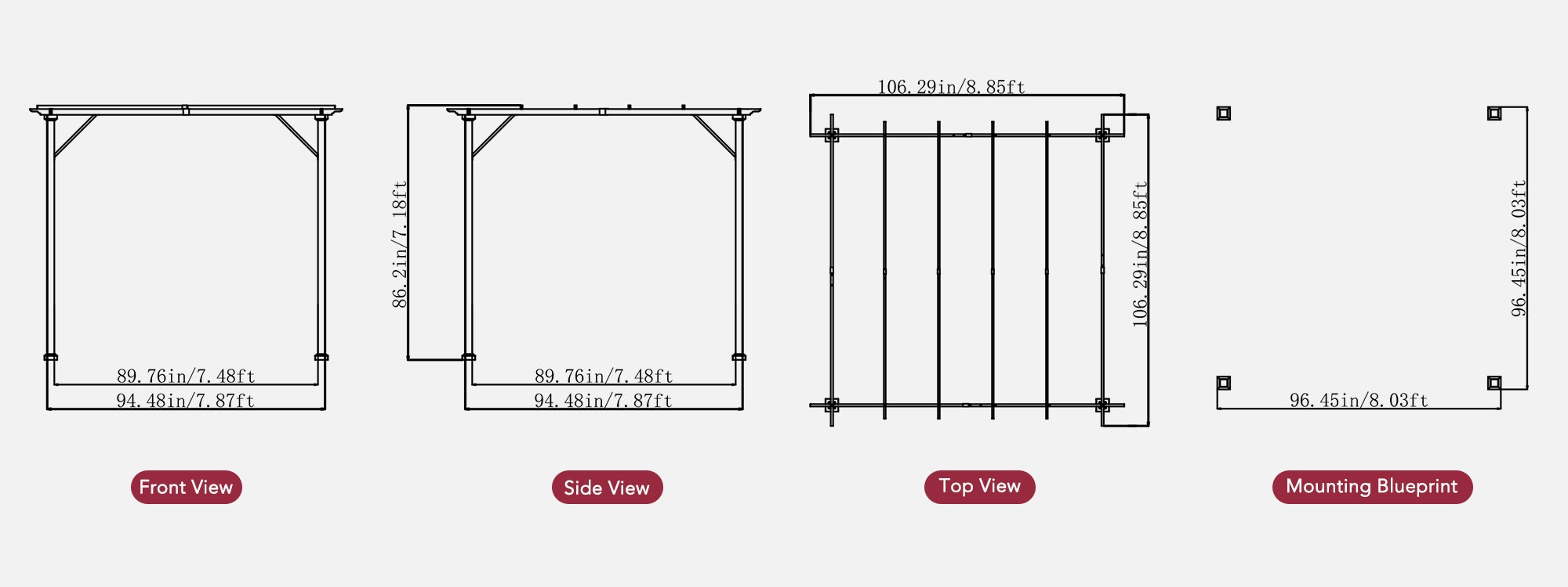 SUNJOY 9x9 Matte Black Steel Frame Pergola with Adjustable Canopy Roof - Light Gray