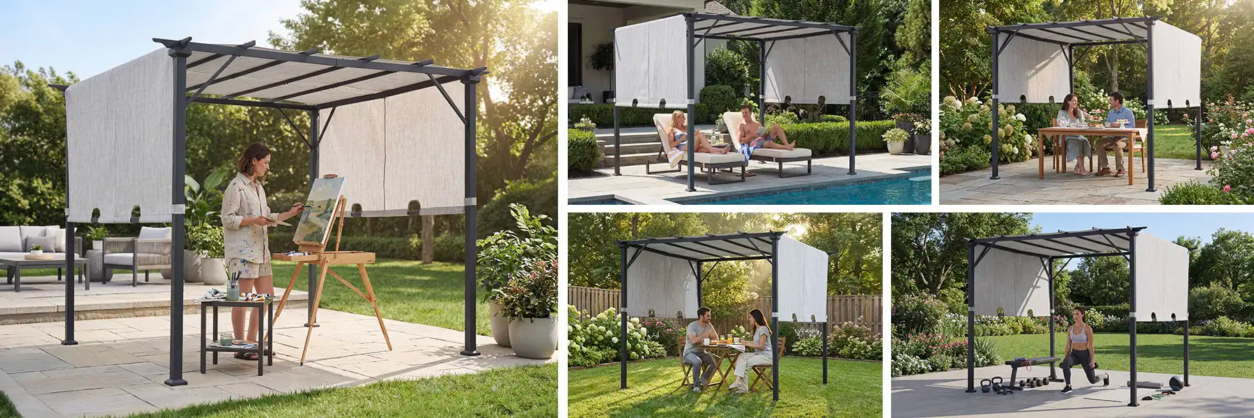 SUNJOY 9x9 Matte Black Steel Frame Pergola with Adjustable Canopy Roof - Light Gray