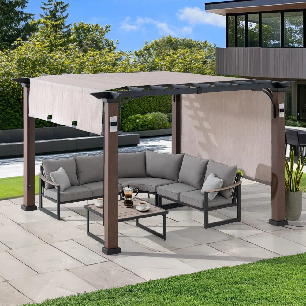SUNJOY 11x11 Wood-Look Finish Metal Pergola with Sliding Canopy & Solar Lights
