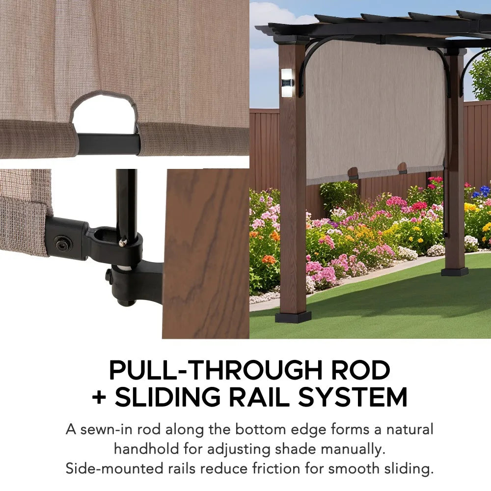 SUNJOY 11x11 Wood-Look Finish Metal Pergola with Sliding Canopy & Solar Lights