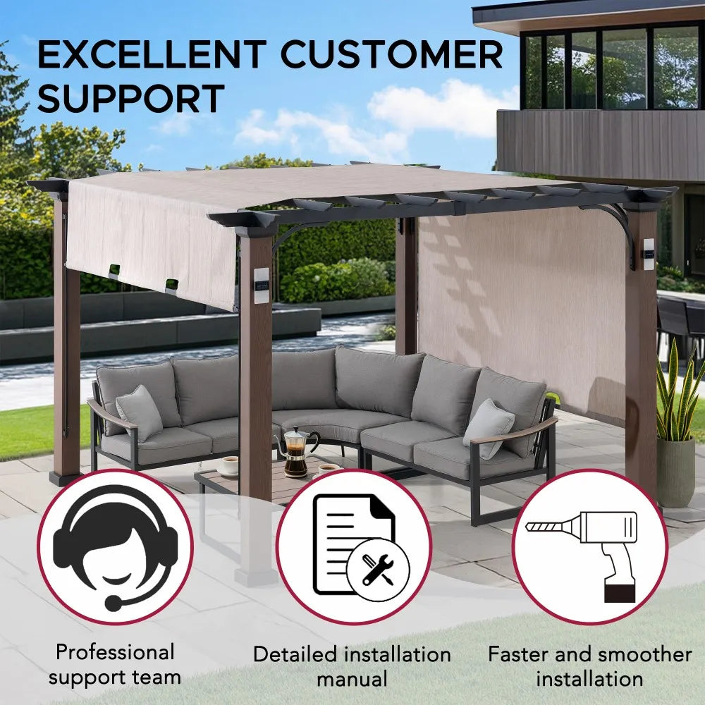 SUNJOY 11x11 Wood-Look Finish Metal Pergola with Sliding Canopy & Solar Lights