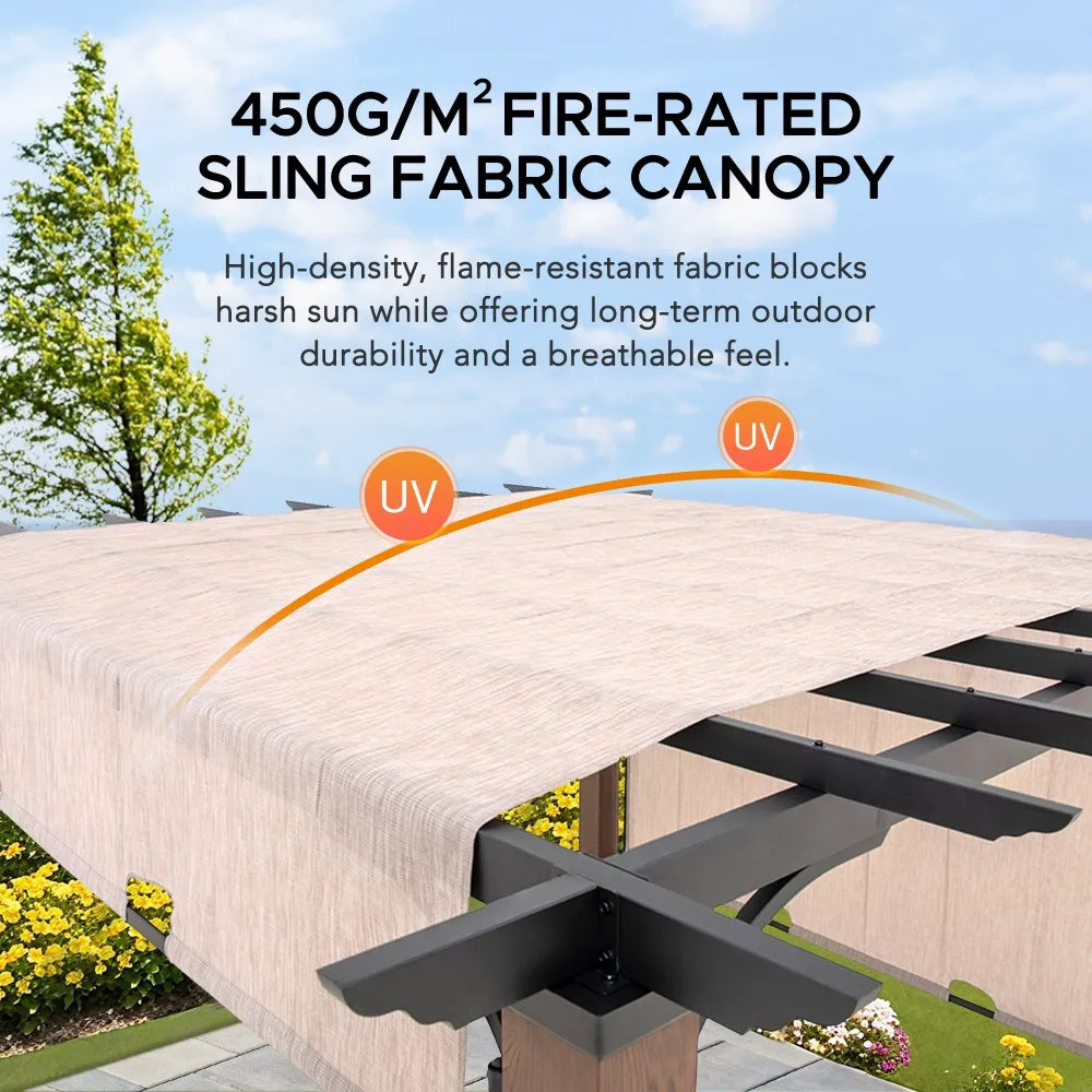 SUNJOY 11x11 Wood-Look Finish Metal Pergola with Sliding Canopy & Solar Lights