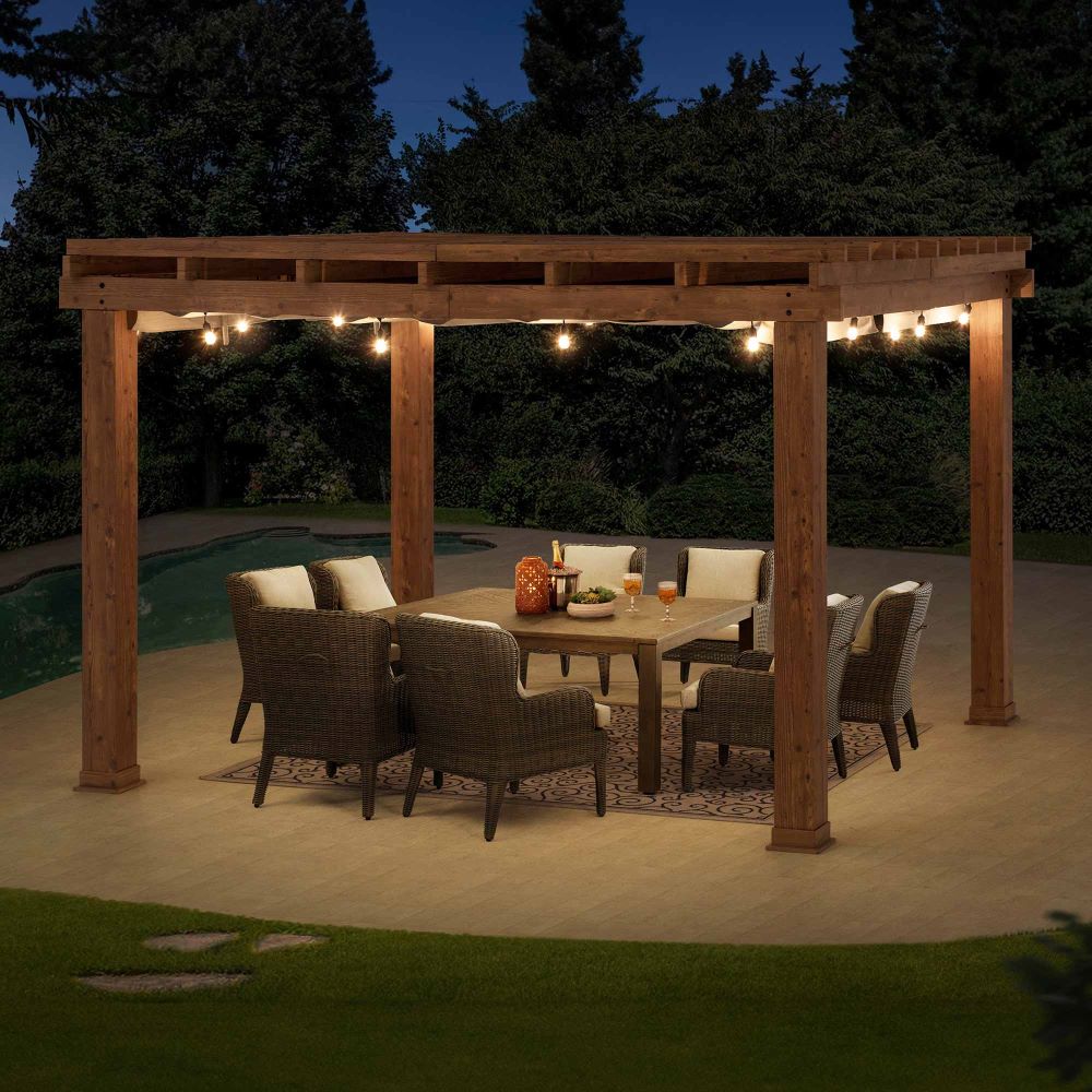 Costco Only-Sunjoy 10.6' x 12.8' Aluminum Pergola, Woodgrain Aluminum Frame Pergola with Retractable Sunbrella® Fabric Canopy.