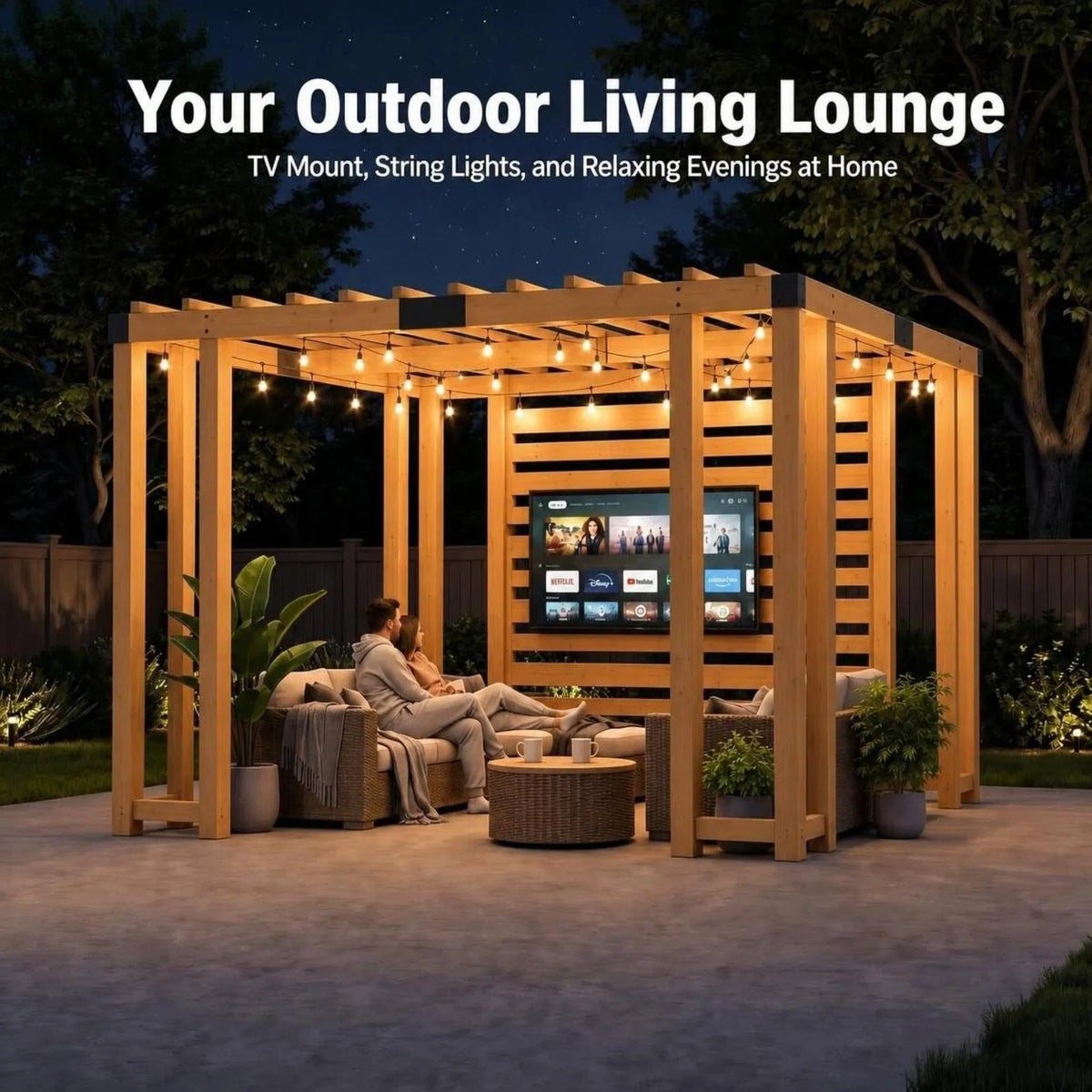 Wooden Pergola with Privacy Screen & Hanging Planters, 10x10