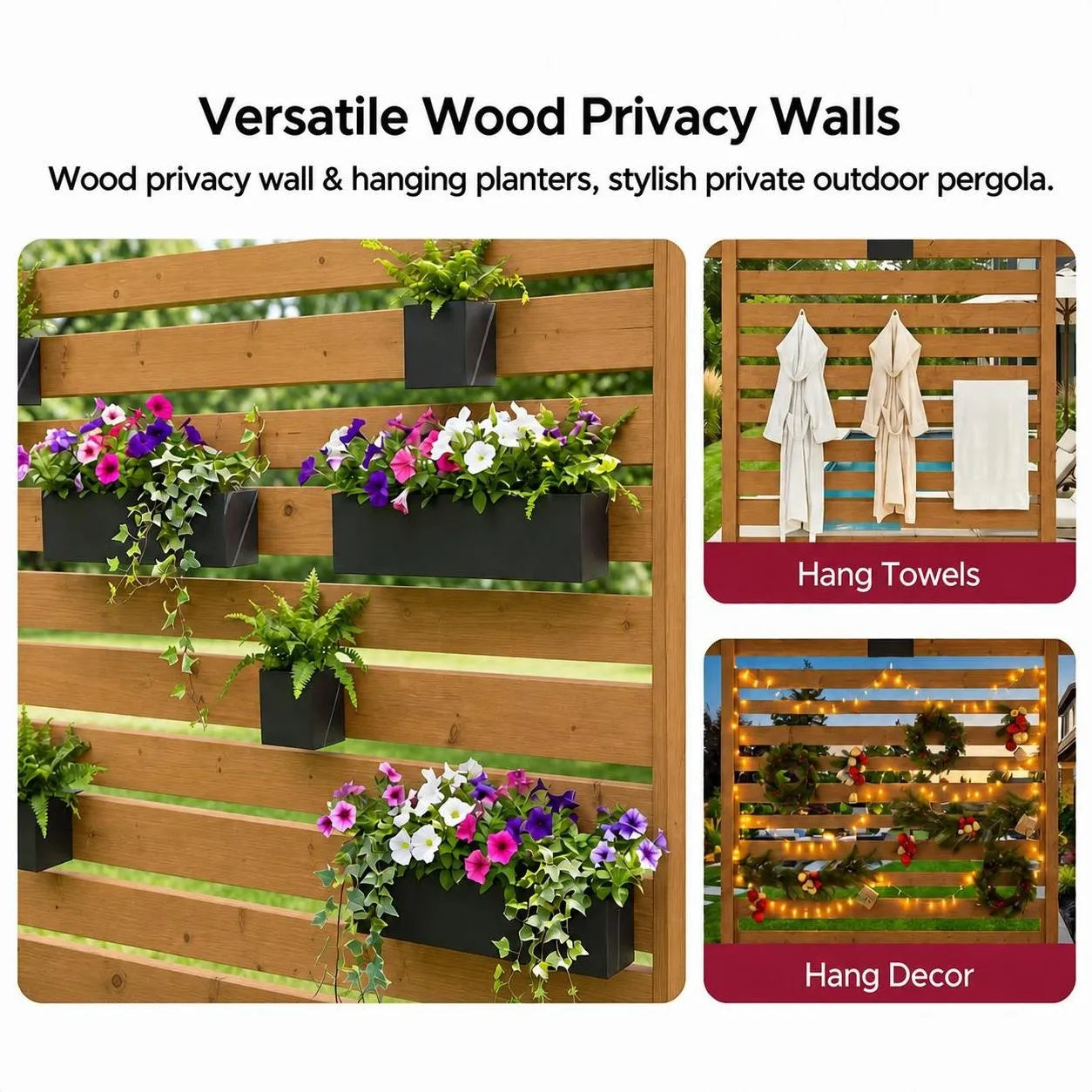 Wooden Pergola with Privacy Screen & Hanging Planters, 10x10