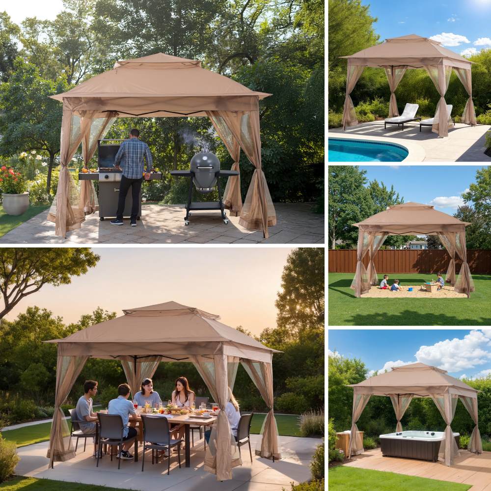SUNJOY 11x11 Pop Up Gazebo Tent with Netting and Carry Bag - Khaki