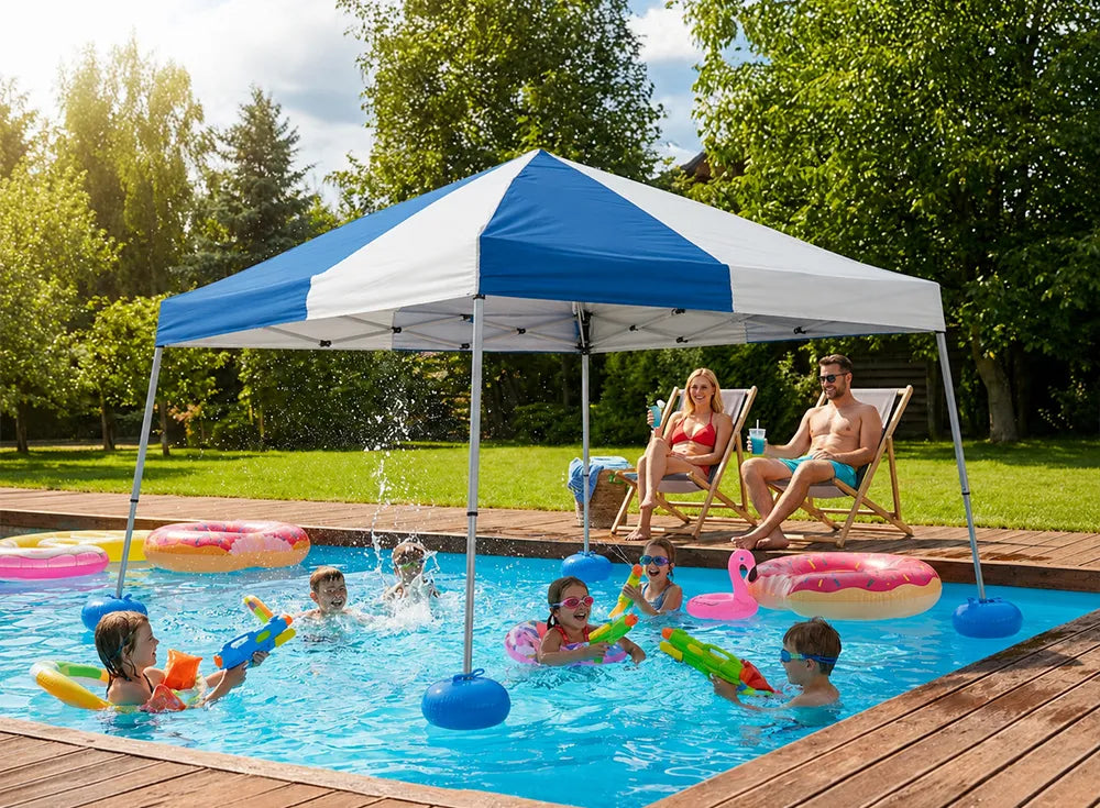 SUNJOY 10x10 Floating Pool Gazebo with PVC Floats and Carry Bag - Gray & Navy