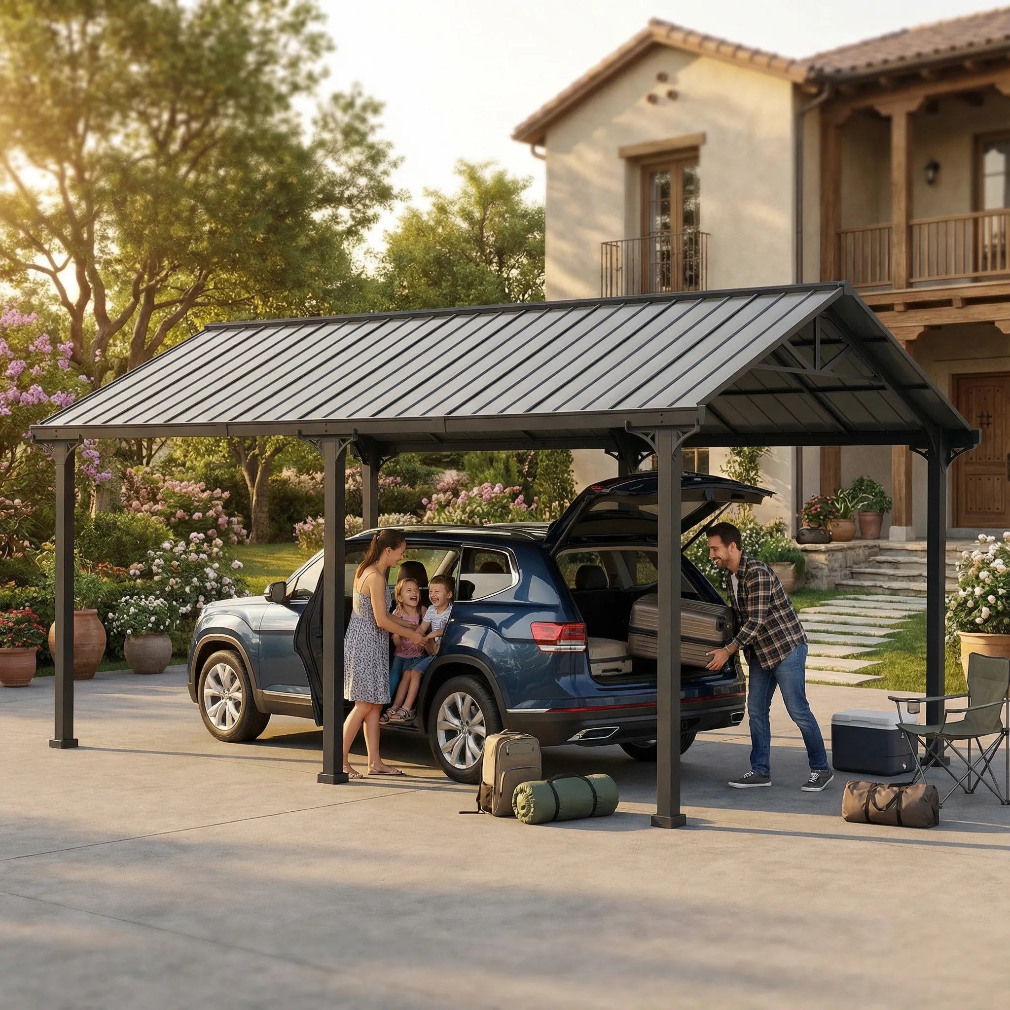 SUNJOY 12x20 Metal Carport Gable Roof Gazebo with 2 Ceiling Hooks