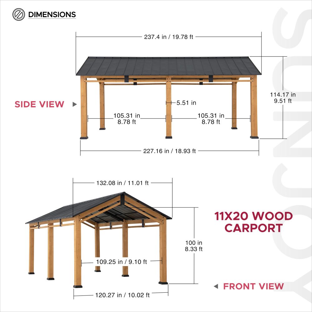 SUNJOY 11x20 Wood Carport Gazebo Kits with Ceiling Hooks