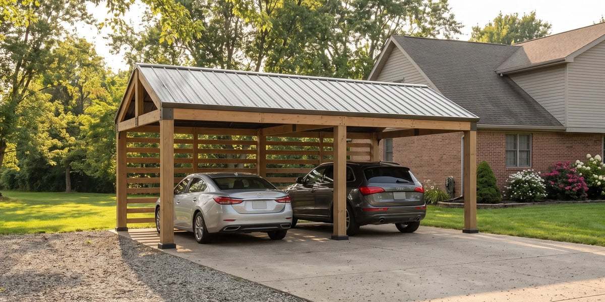 A wooden carport with a metal roof shelters two parked cars on a concrete driveway in front of a residential house with trees in the background.