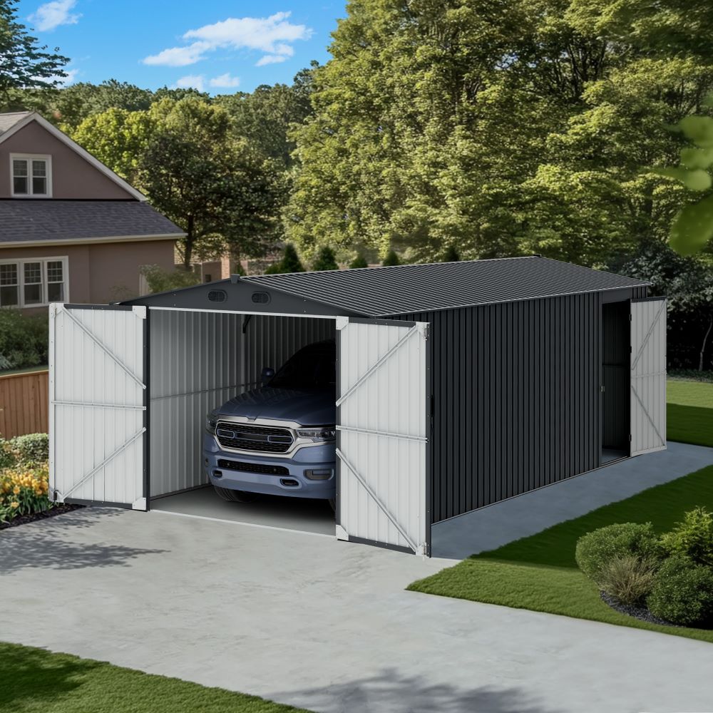 SUNJOY 10x20 Storage Shed Kits with Lockable Doors and Vents - Dark Gray.